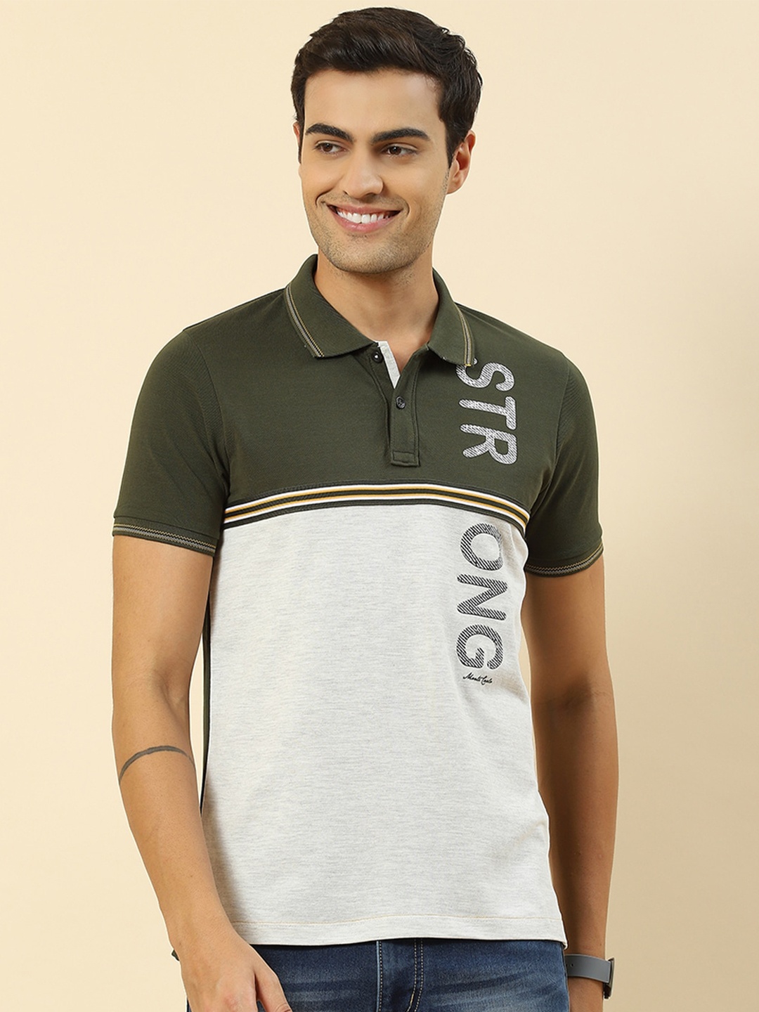 

Monte Carlo Typography Printed & Colourblocked Polo Collar T-shirt, Olive