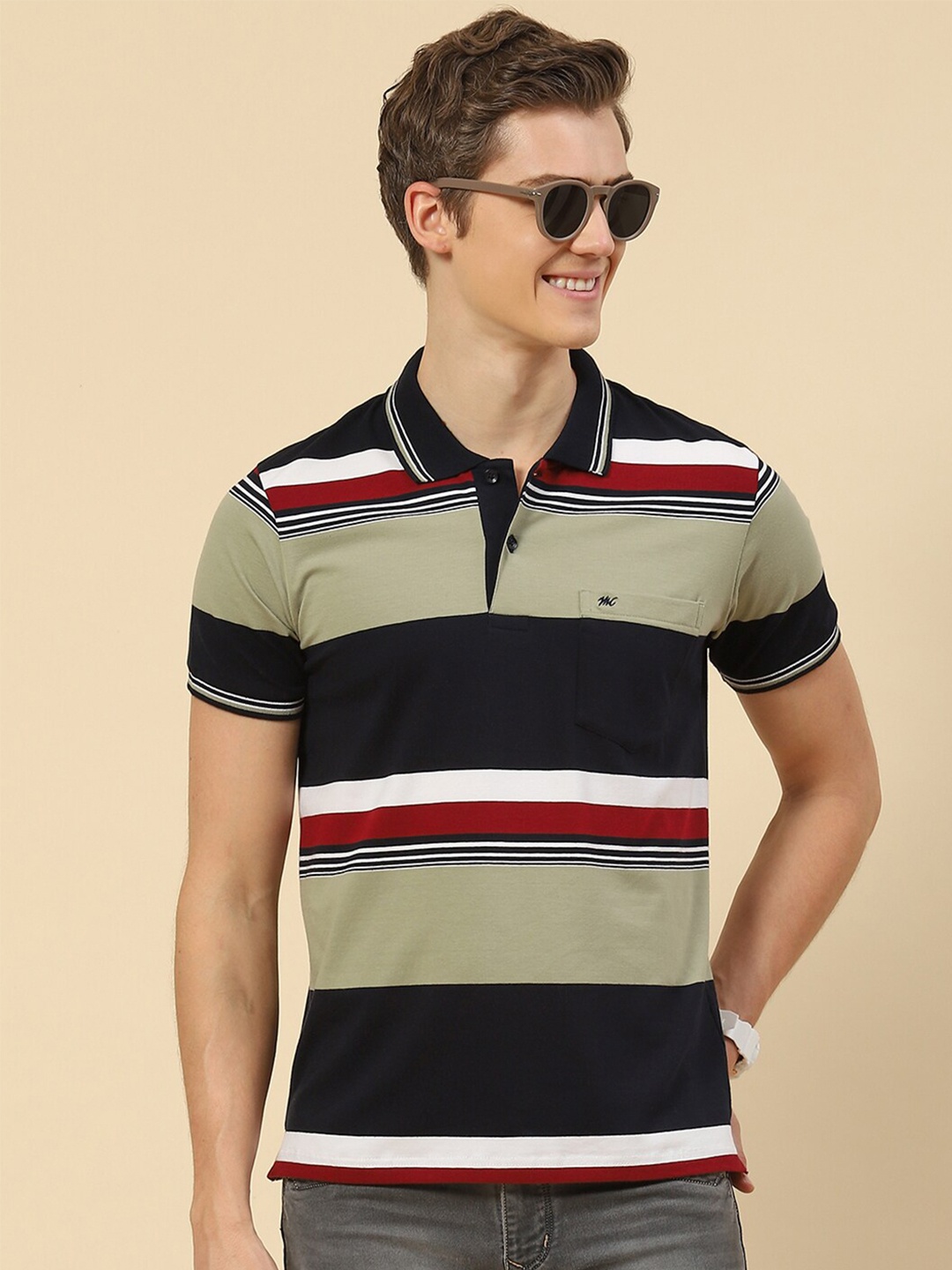 

Monte Carlo Striped Polo Collar T-shirt, Olive