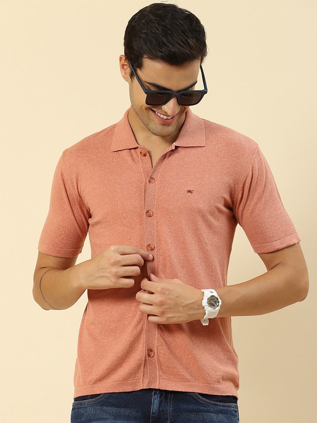 

Monte Carlo Spread Collar Casual Knitted Shirt, Peach