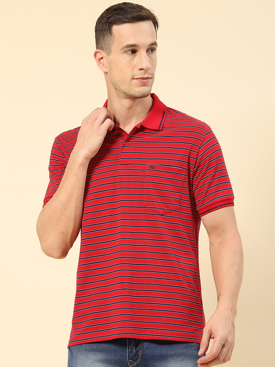 

Monte Carlo Striped Polo Collar Casual Cotton T-shirt, Red