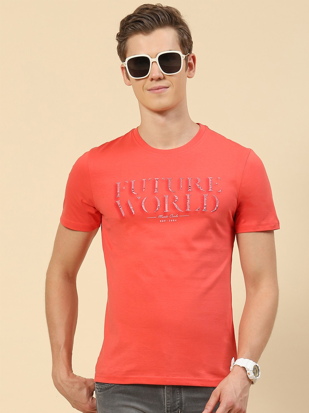 

Monte Carlo Typography Printed Round Neck T-shirt, Peach