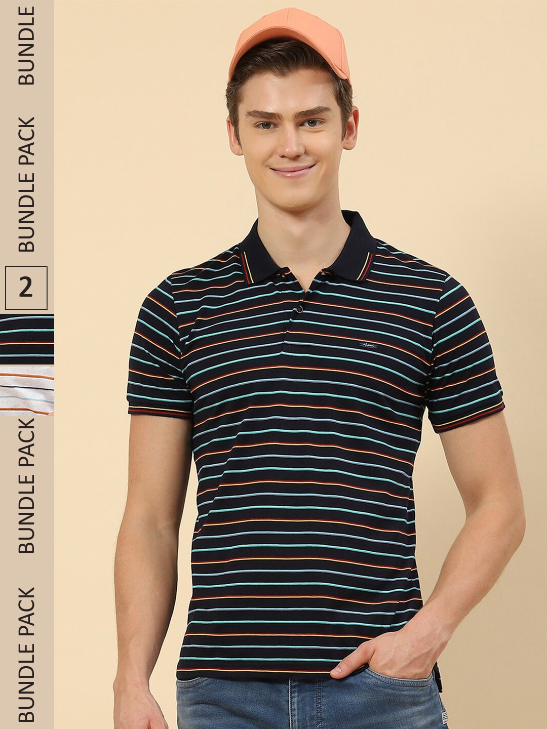

Monte Carlo Pack Of 2 Striped Polo Collar Casual Knitted Cotton T-shirts, White