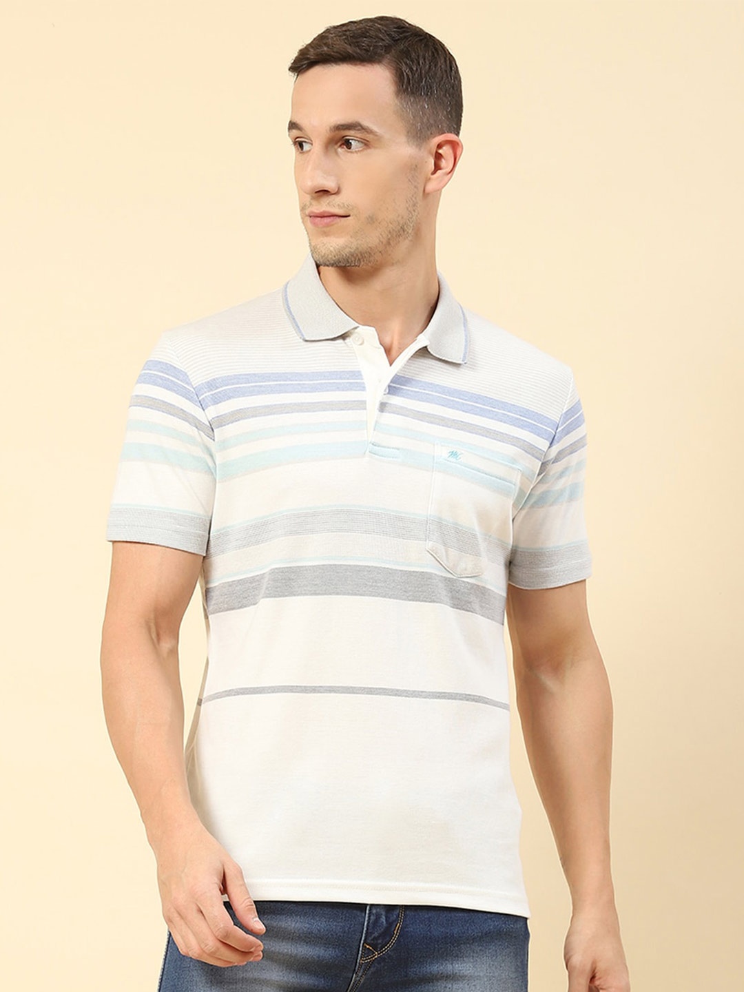 

Monte Carlo Striped Polo Collar Casual Cotton T-shirt, Off white