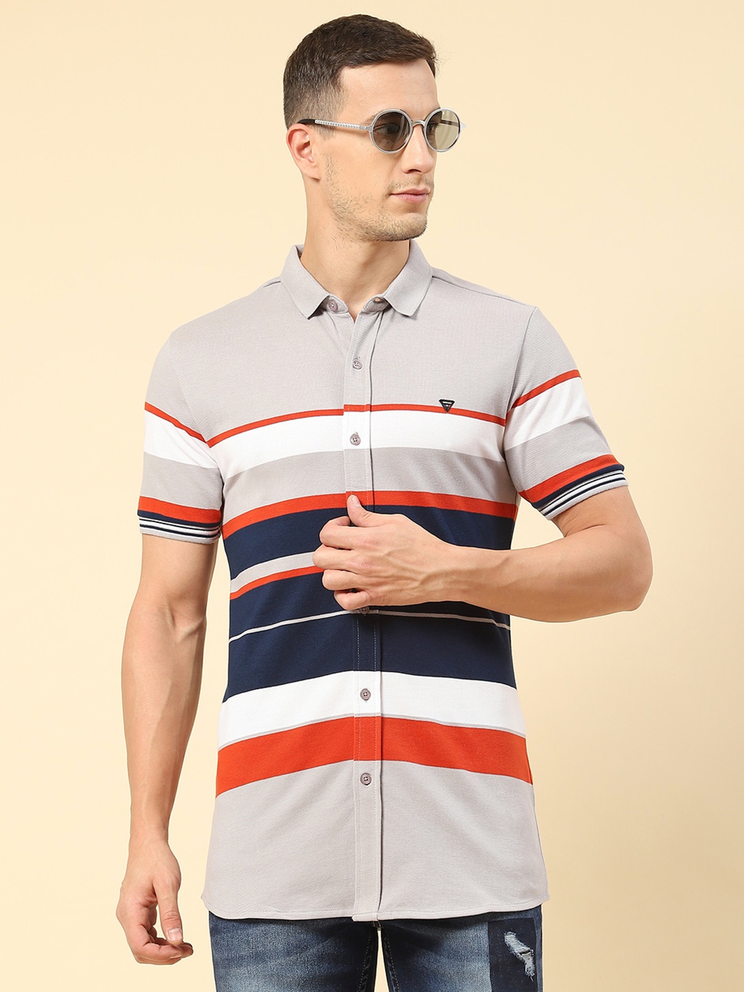 

Monte Carlo Classic Striped Half Sleeve Cotton Casual Shirt, Grey