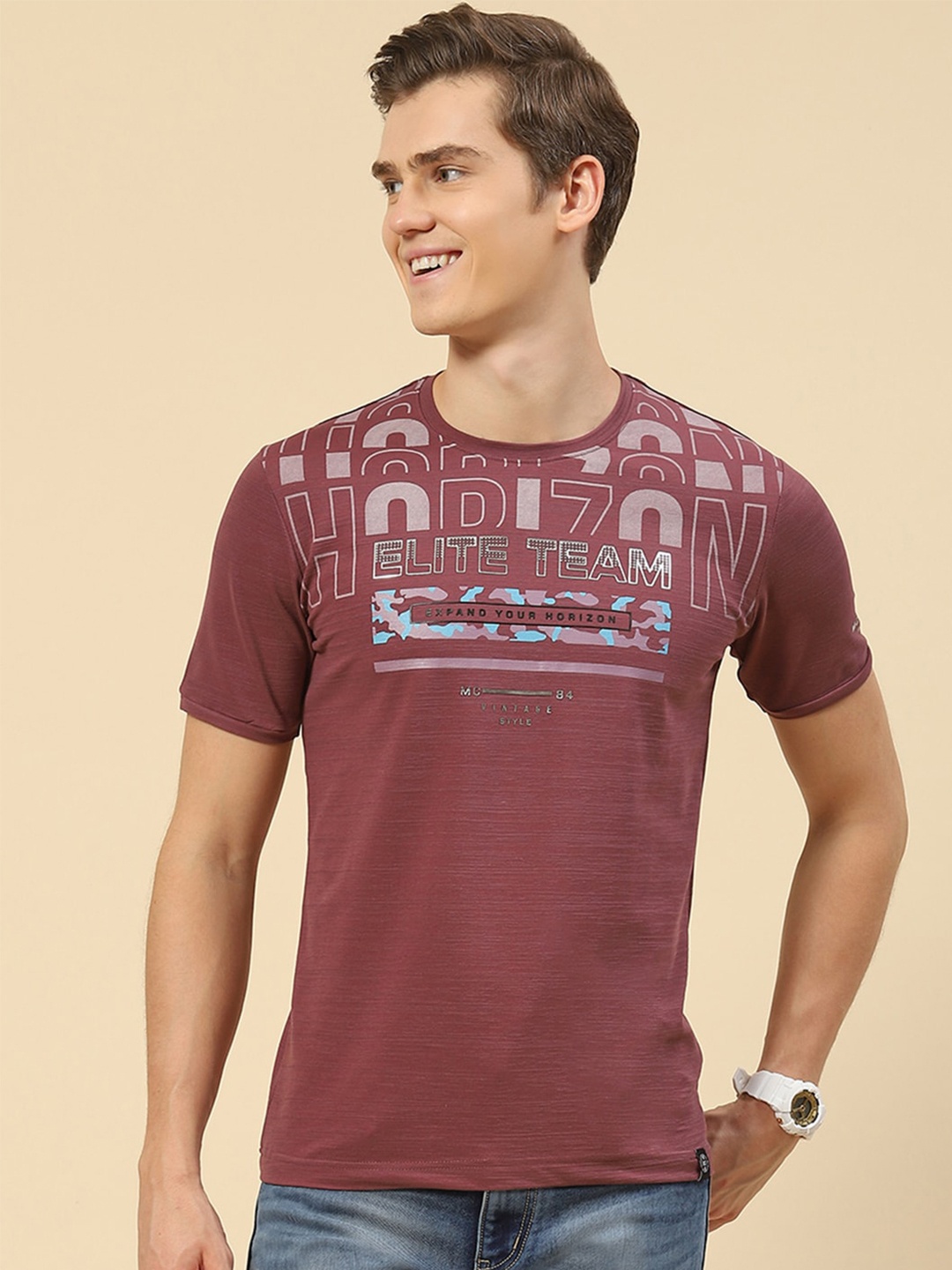 

Monte Carlo Typography Printed Casual Knitted Cotton T-shirt, Rust