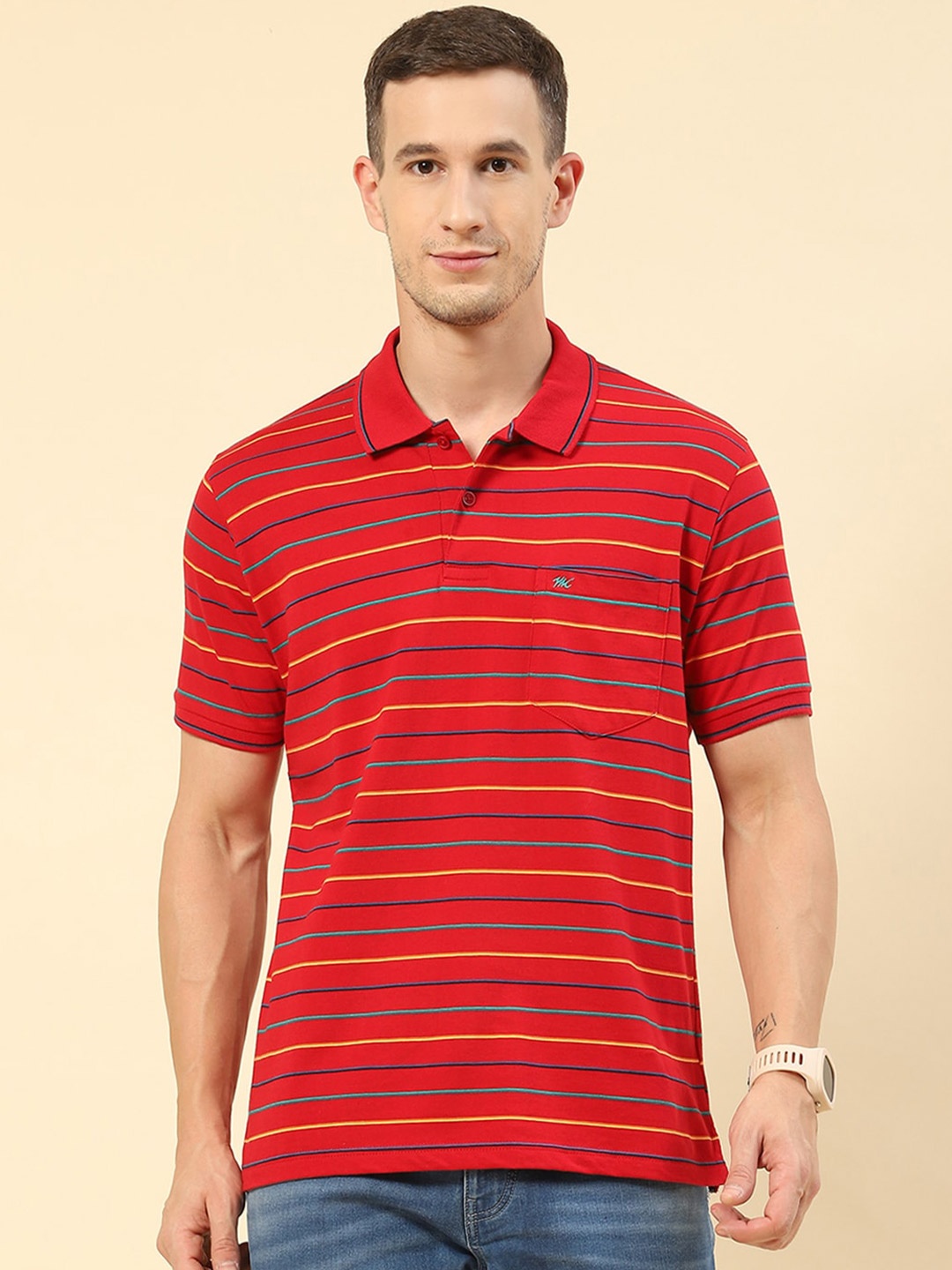 

Monte Carlo Striped Polo Collar T-shirt, Red