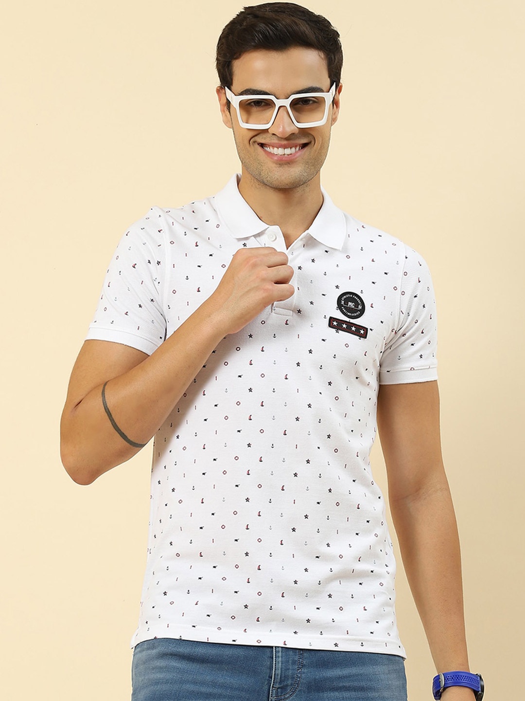 

Monte Carlo Conversational Printed Applique Polo Collar T-shirt, White