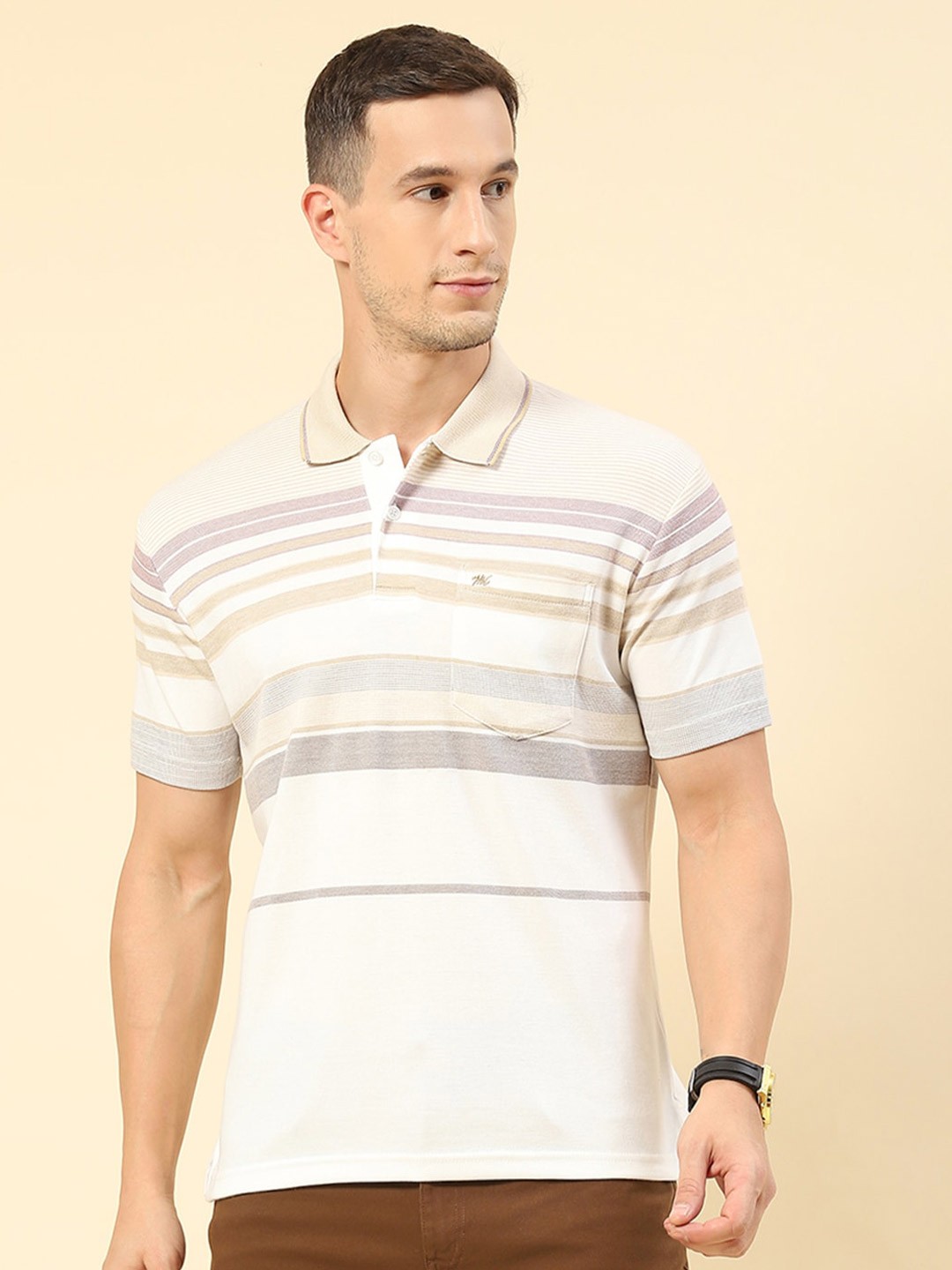 

Monte Carlo Striped Polo Collar Regular Fit T-shirt, Cream
