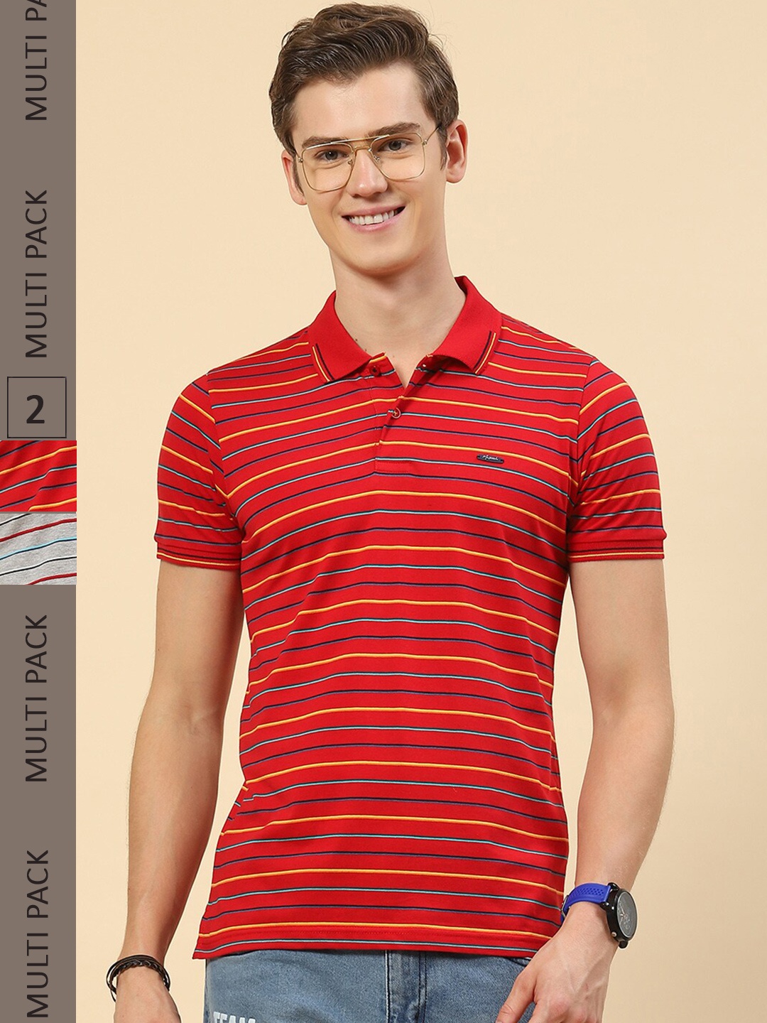 

Monte Carlo Pack of 2 Striped Polo Collar Pockets T-shirt, Red