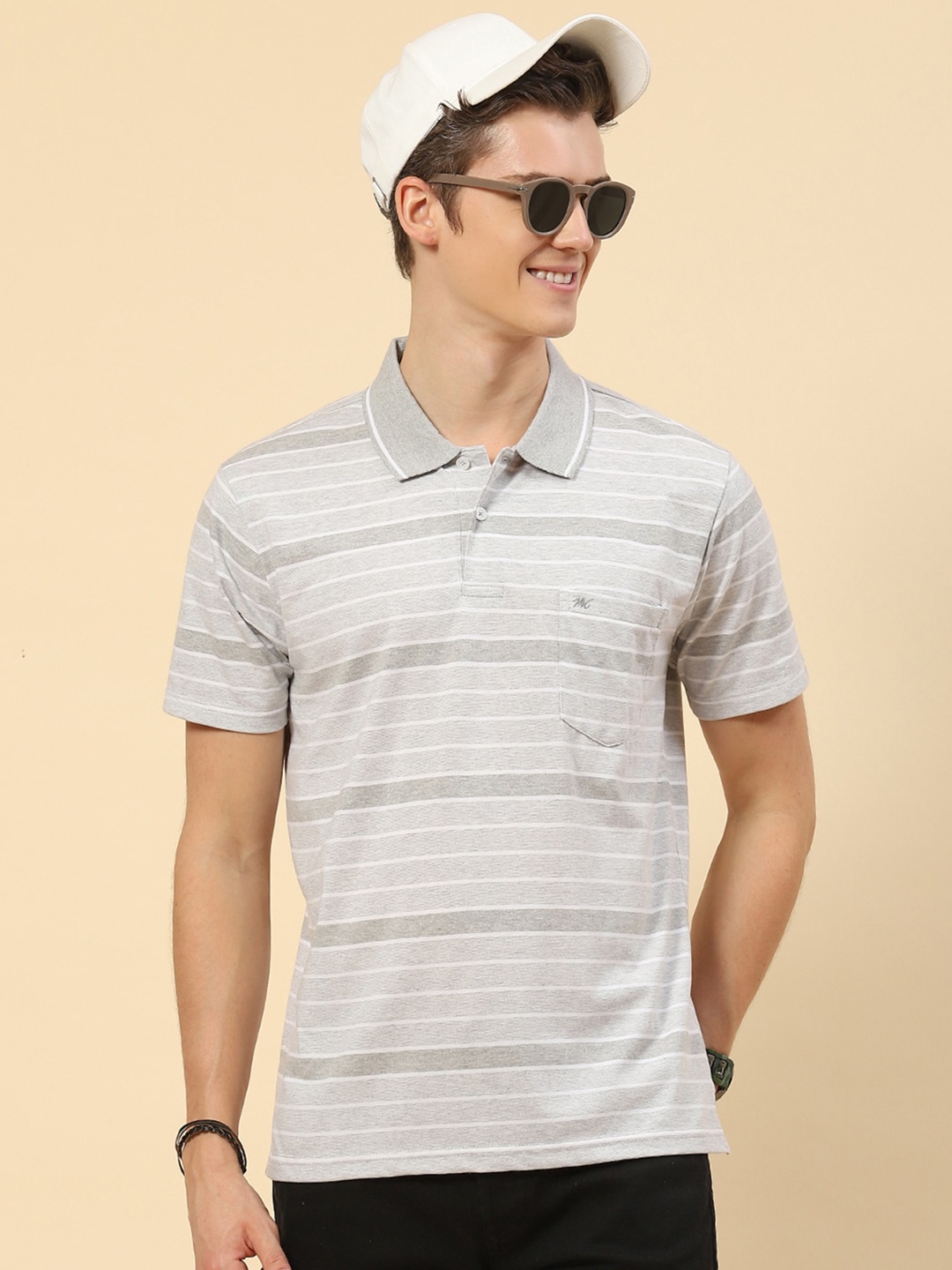

Monte Carlo Chest Pocket Striped Polo Collar T-shirt, Grey