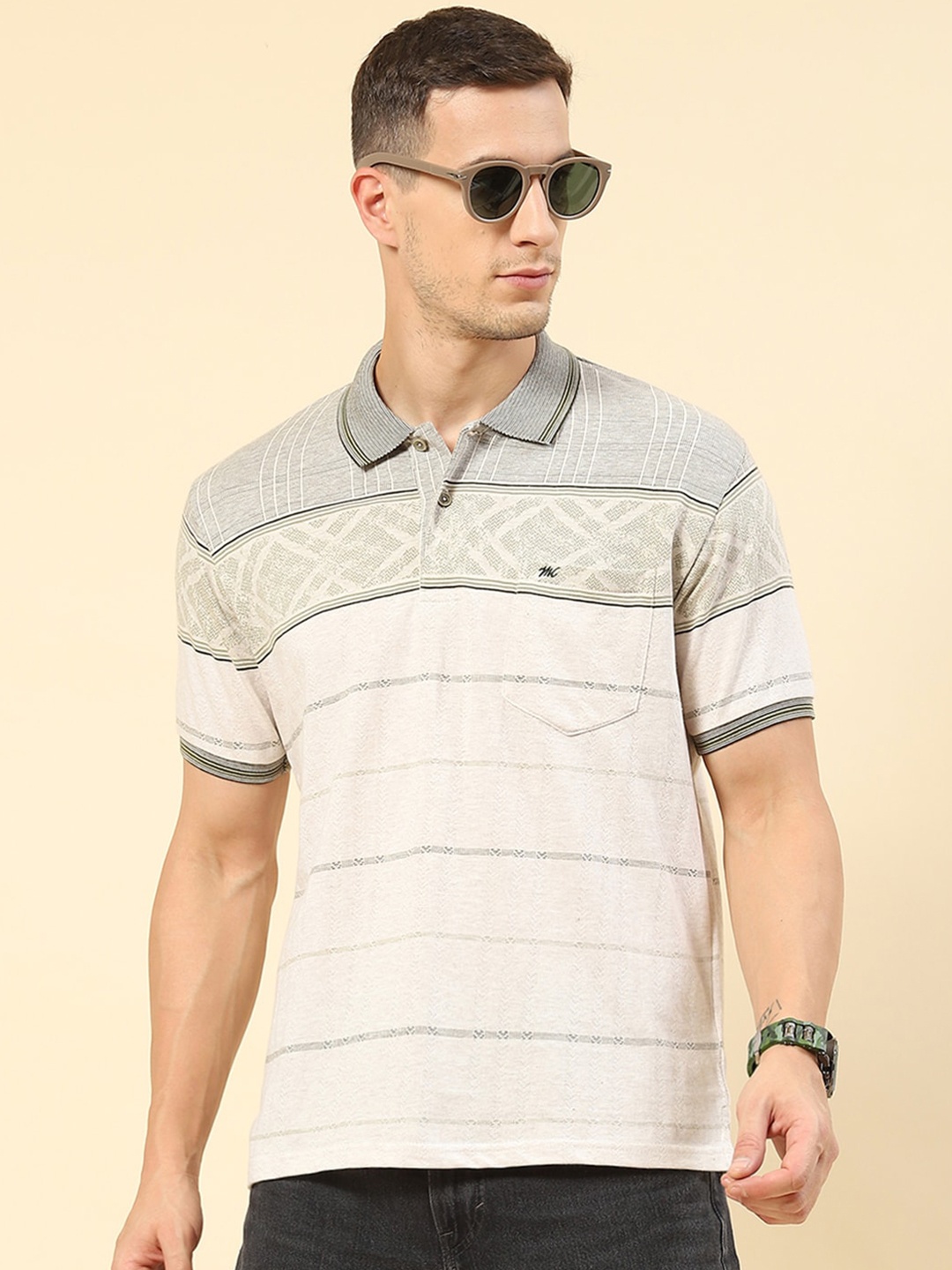 

Monte Carlo Chest Pocket Striped Polo Collar T-shirt, Off white