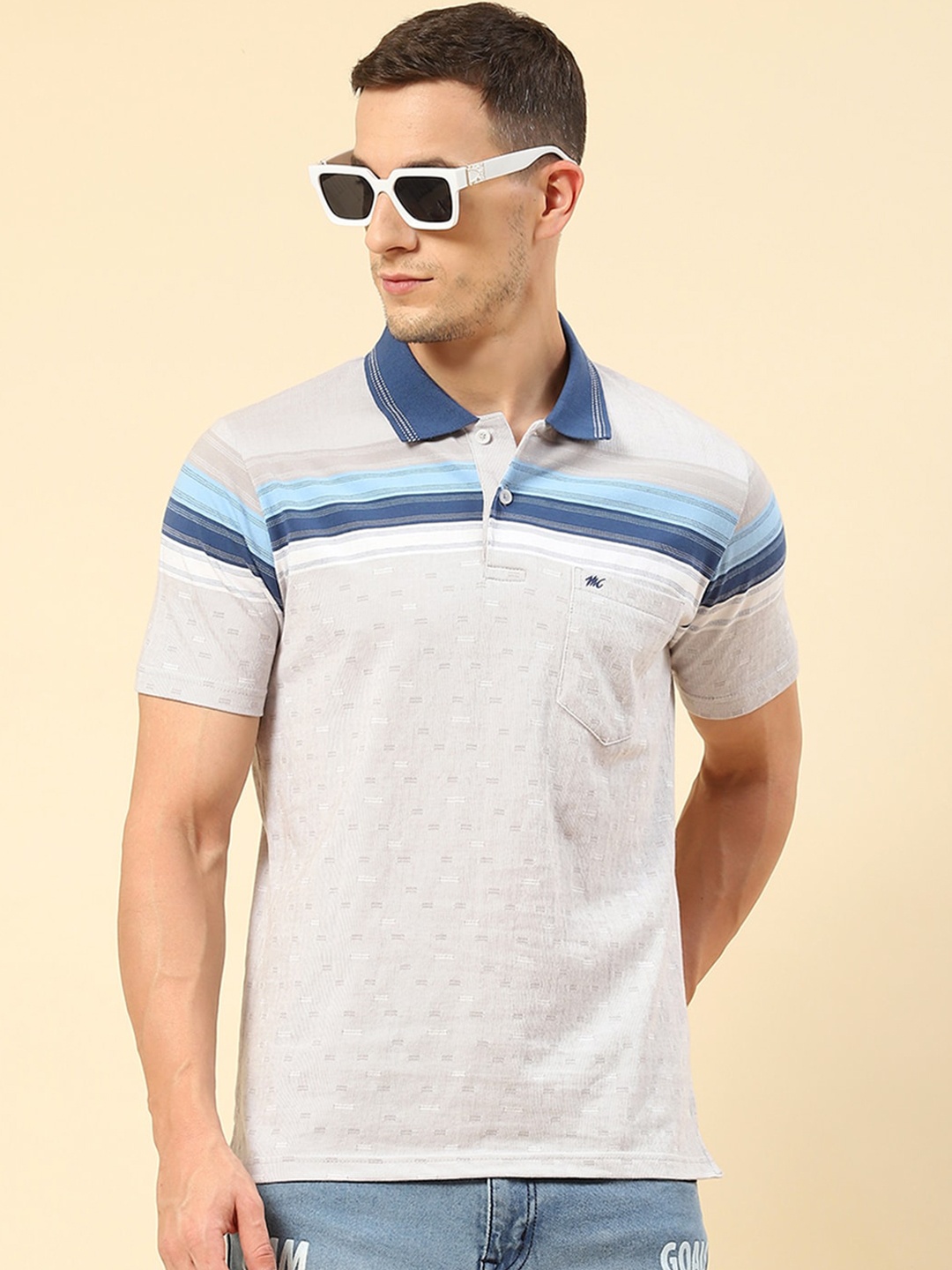 

Monte Carlo Striped Chest Pocket Polo Collar T-shirt, Grey