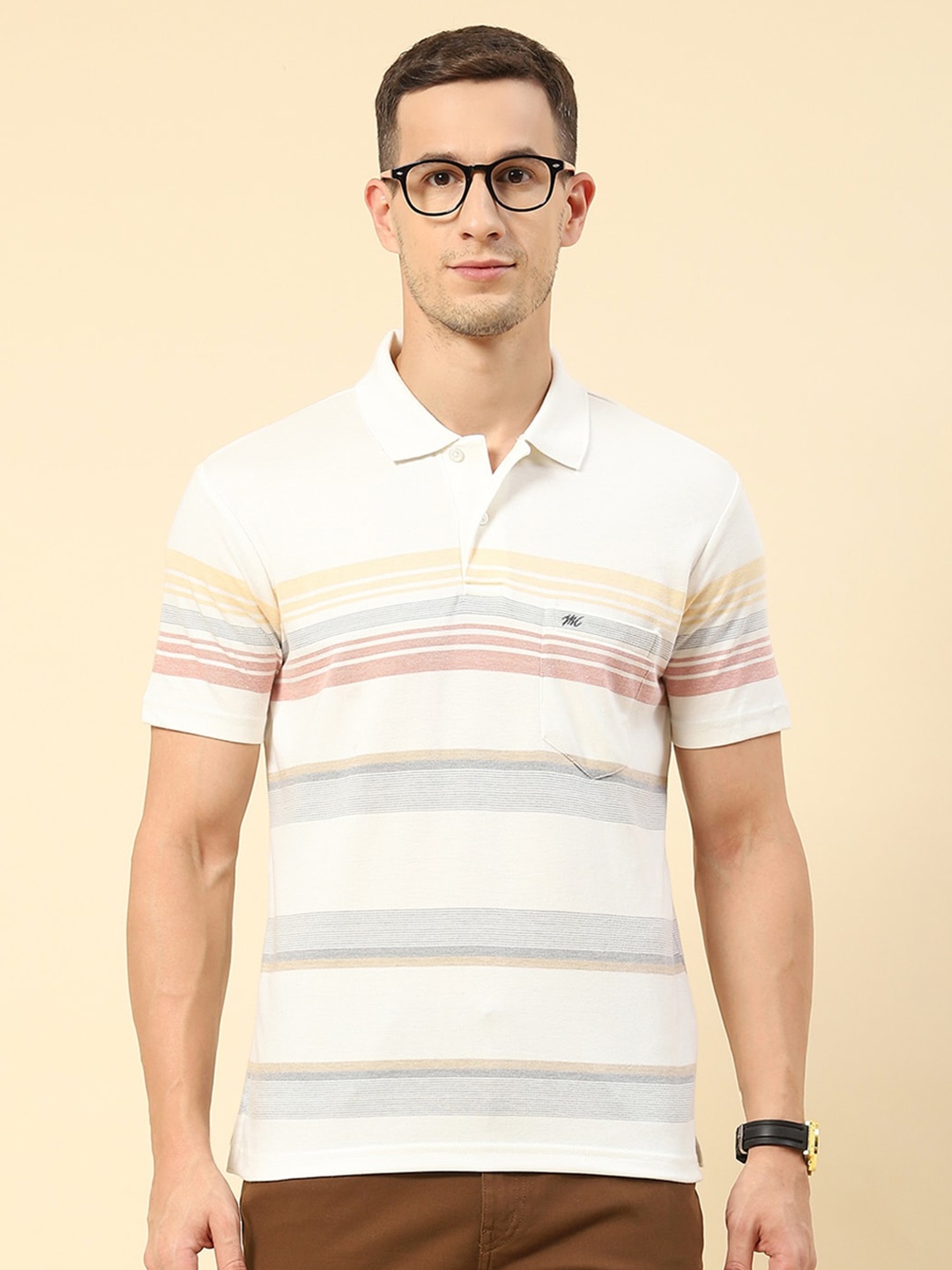 

Monte Carlo Striped Chest Pocket Polo Collar T-shirt, Off white