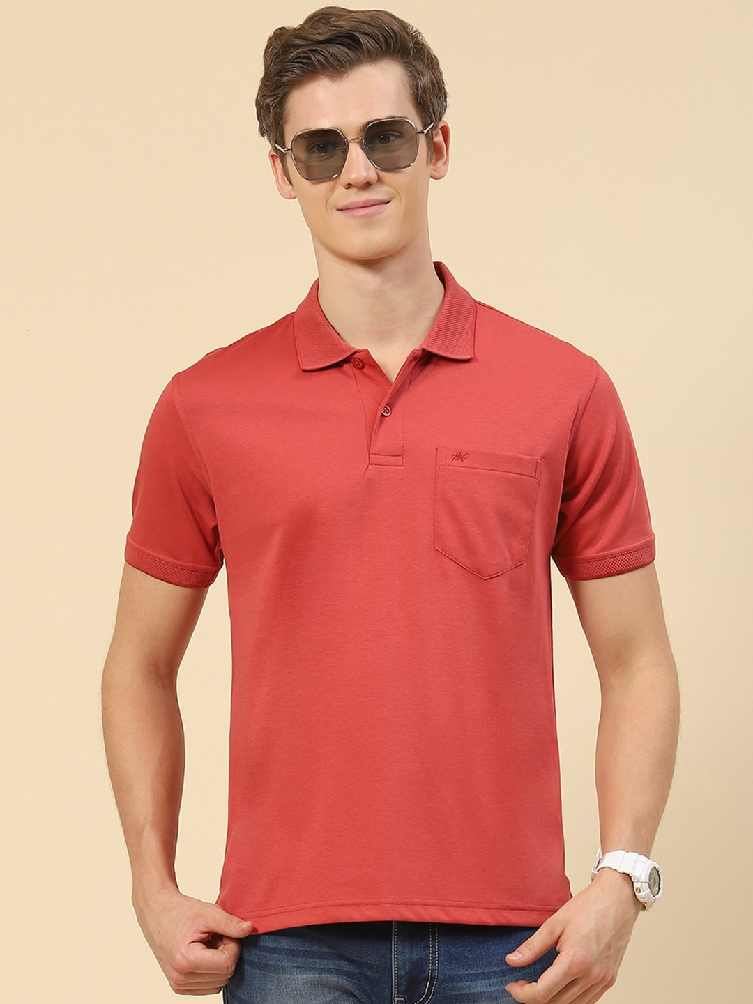 

Monte Carlo Short Sleeves Chest Pocket Polo Collar Regular T-shirt, Red