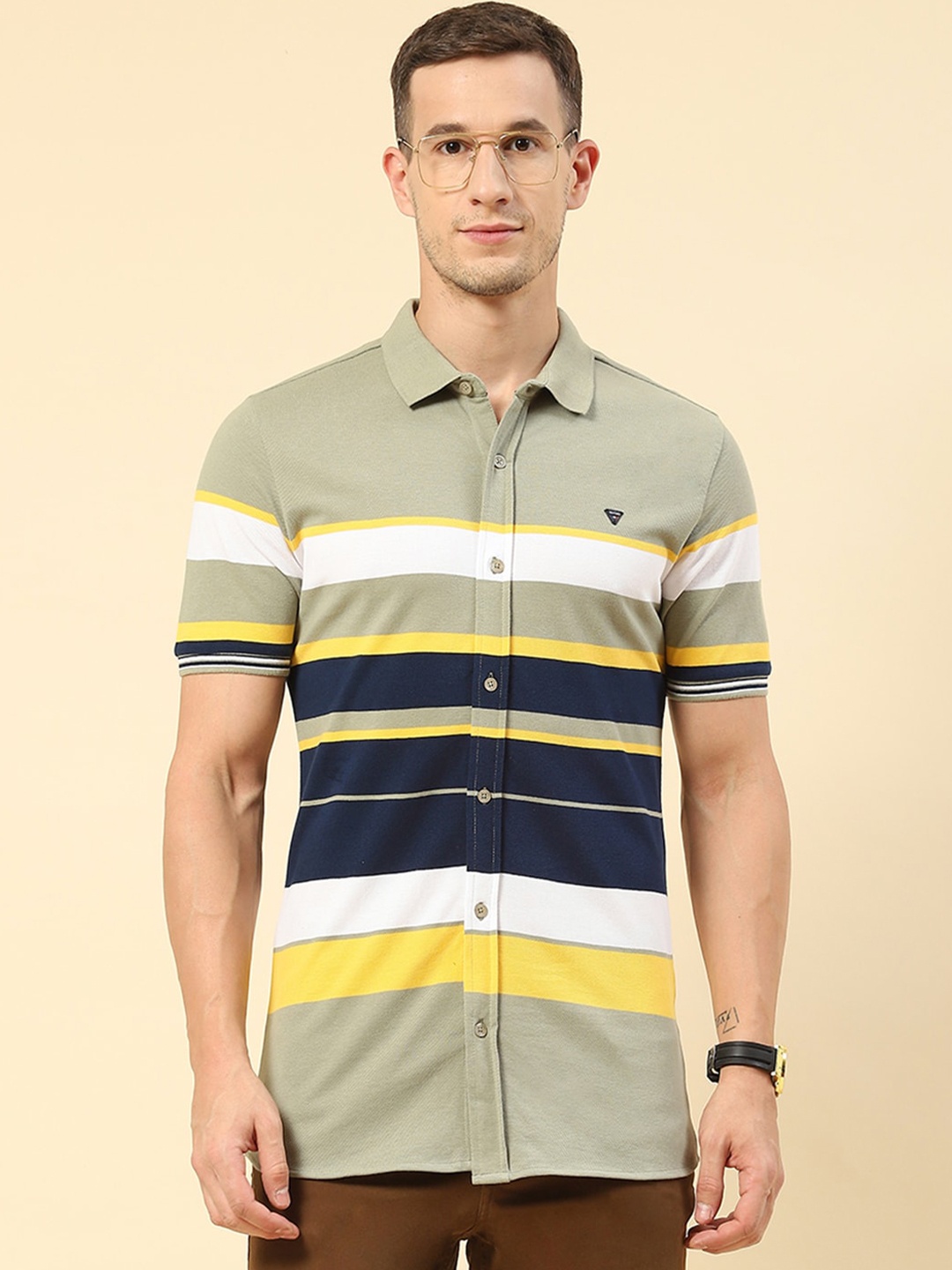 

Monte Carlo Classic Fit Horizontal Striped Cotton Casual Shirt, Green