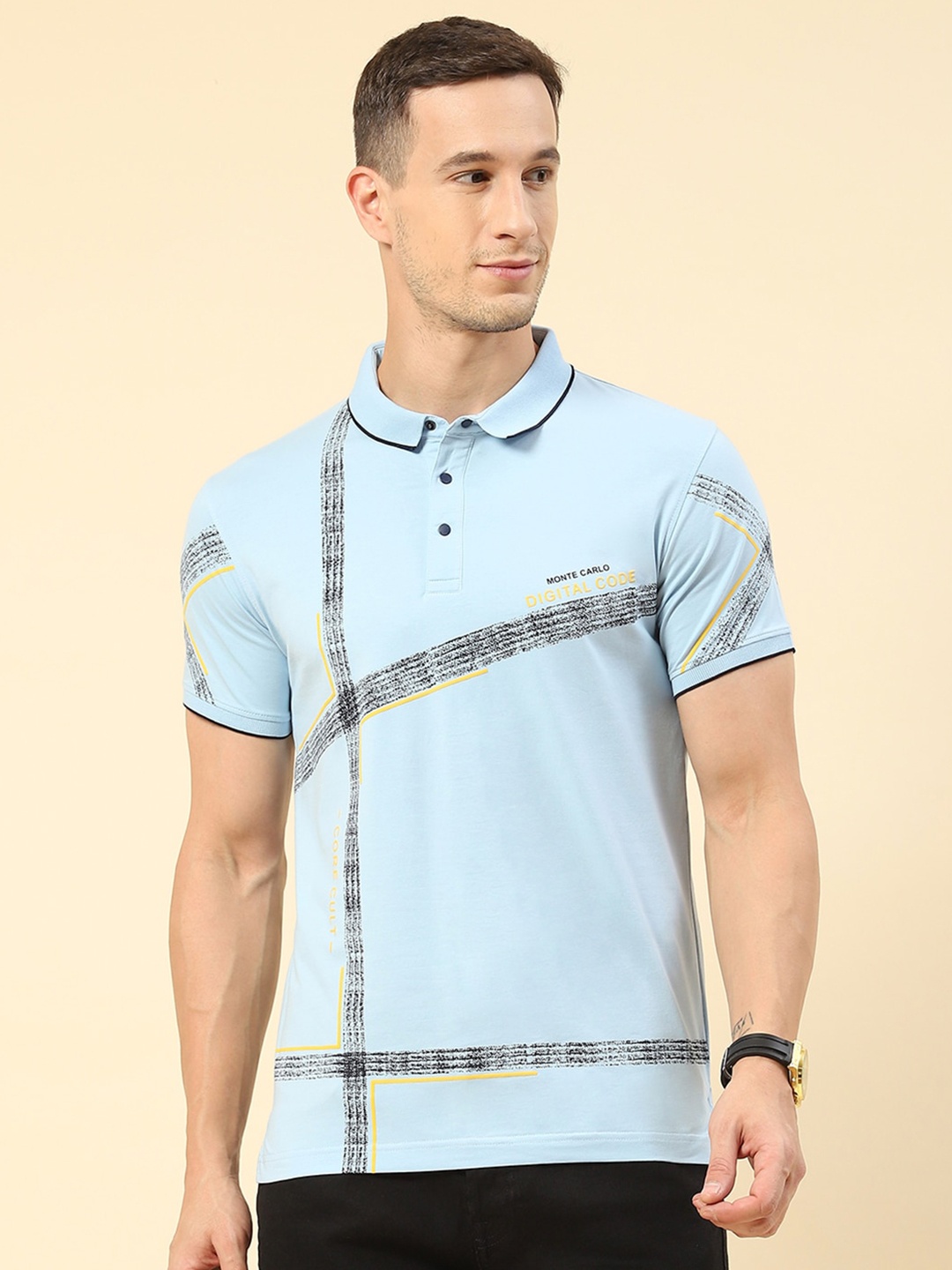 

Monte Carlo Striped Polo Collar T-shirt, Blue
