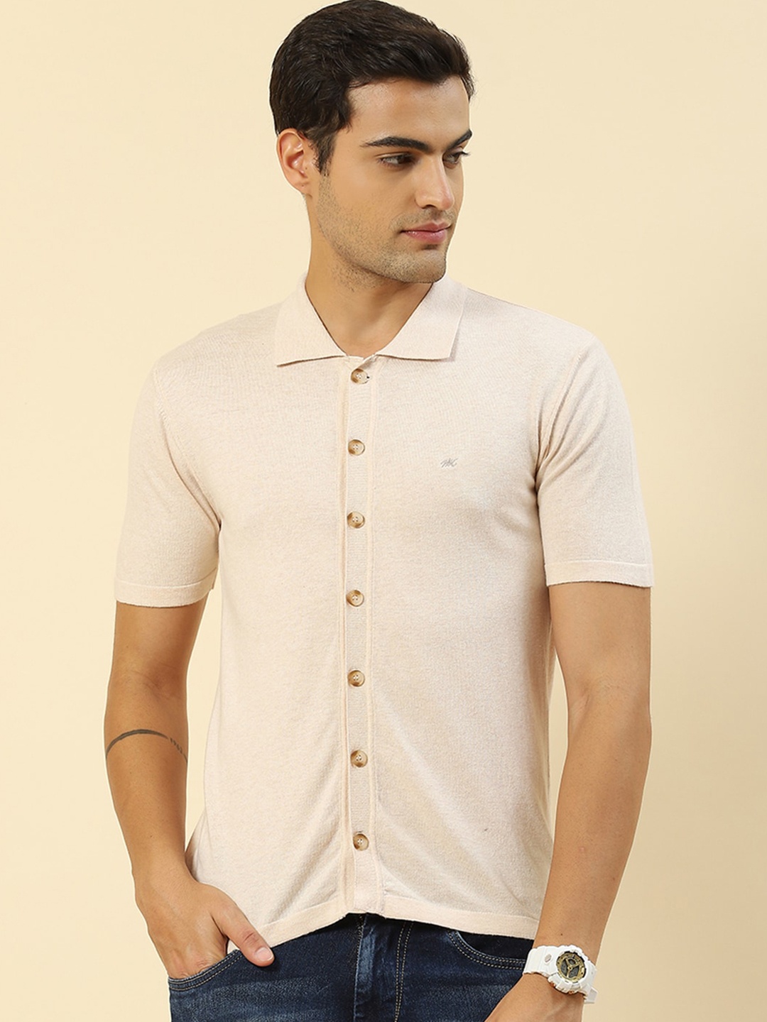 

Monte Carlo Spread Collar Casual Knitted Shirt, Beige