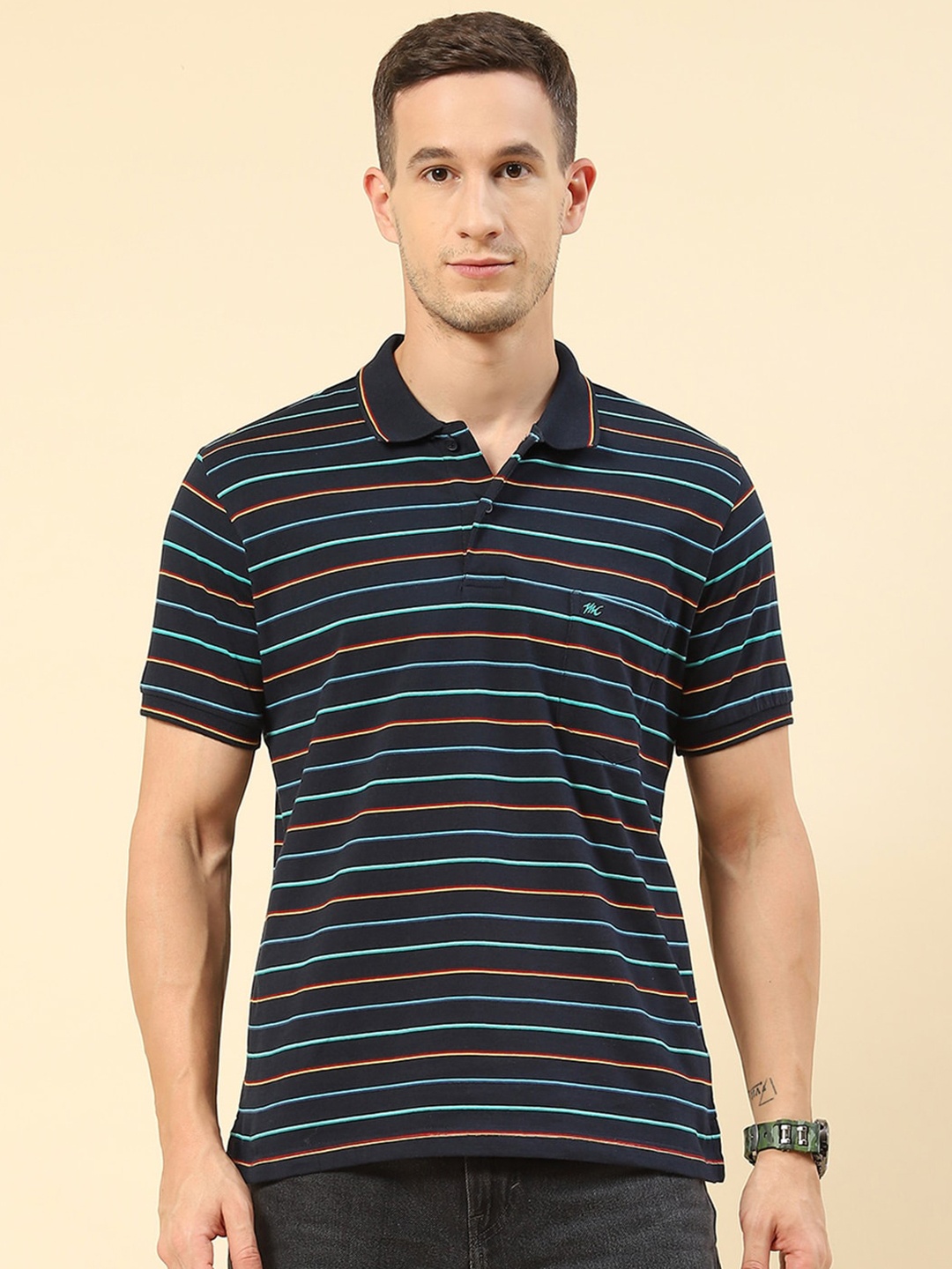 

Monte Carlo Striped Polo Collar T-shirt, Navy blue