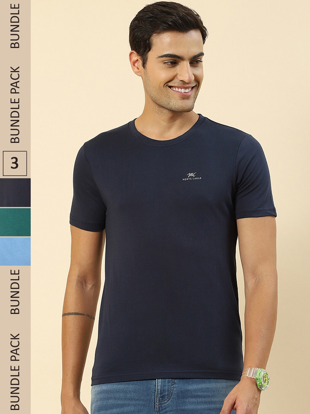 

Monte Carlo Pack of 3 Round Neck Cotton T-shirt, Green