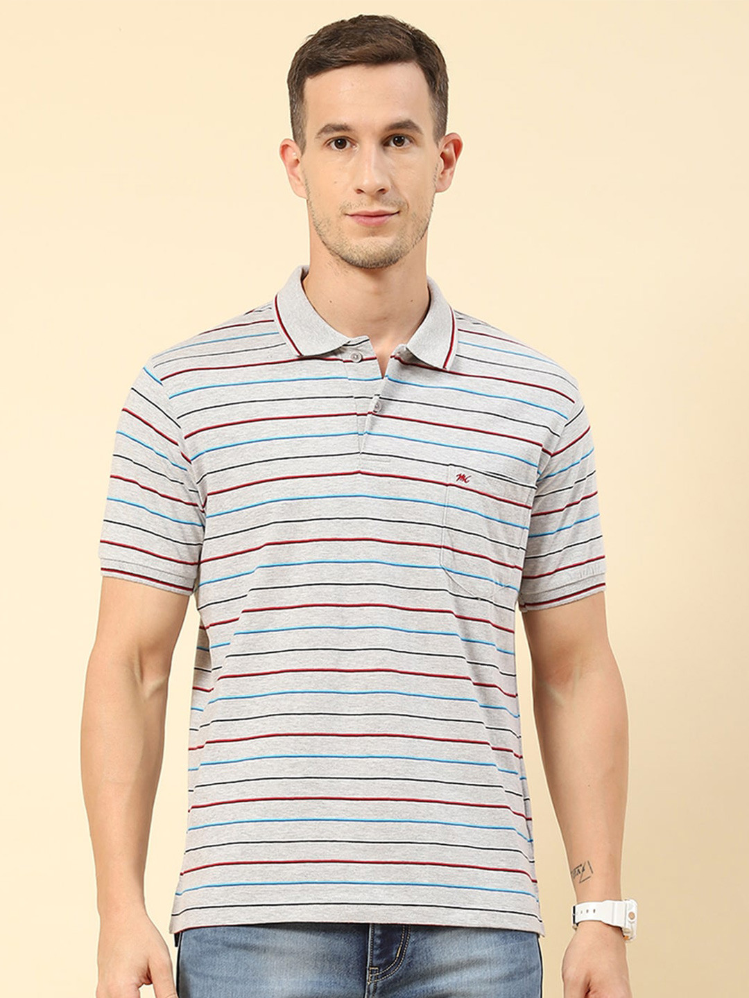 

Monte Carlo Striped Polo Collar T-shirt, Grey