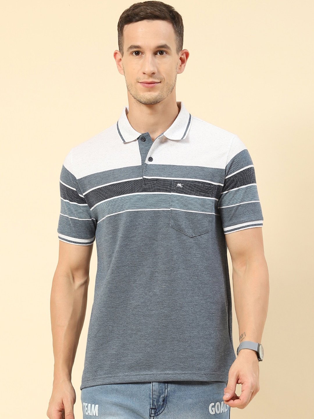 

Monte Carlo Striped Polo Collar Pockets T-shirt, Blue