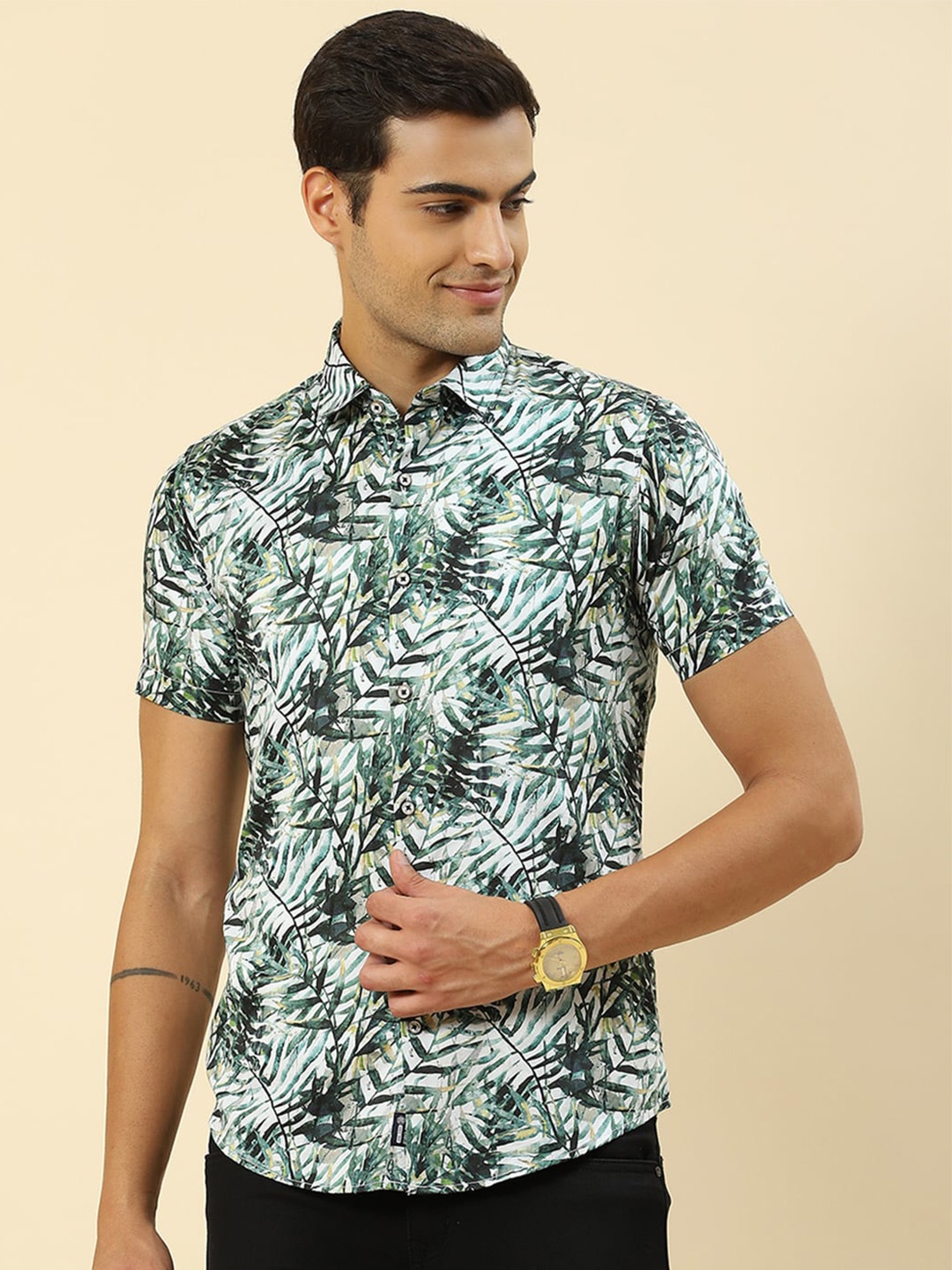 

Monte Carlo Classic Fit Floral Printed Cotton Casual Shirt, Green