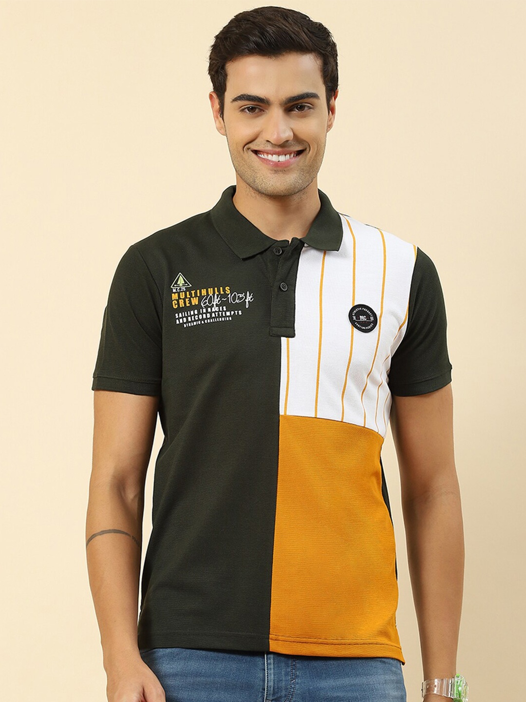 

Monte Carlo Colourblocked Polo Collar T-shirt, Olive