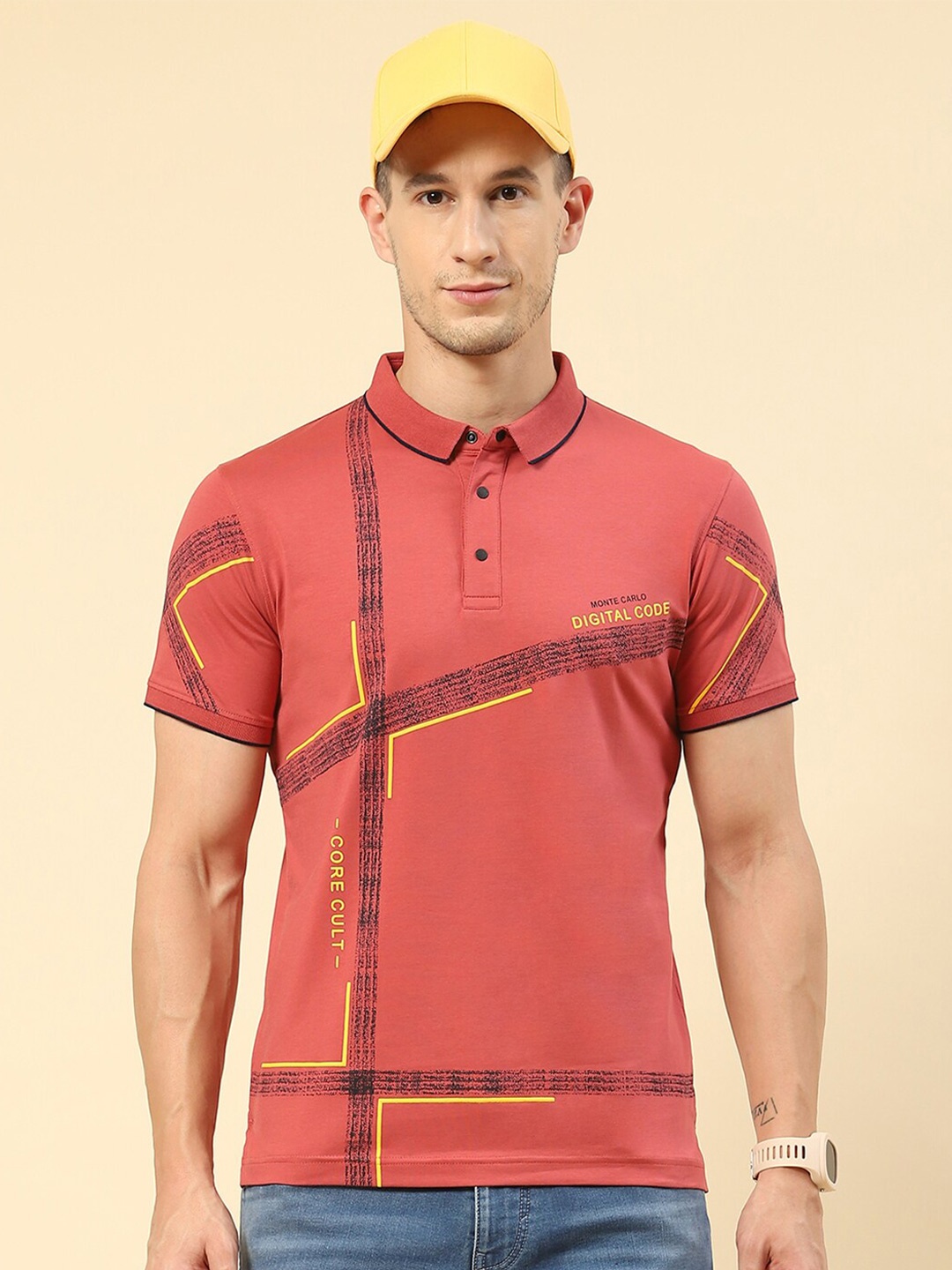 

Monte Carlo Striped Polo Collar Cotton T-shirt, Red