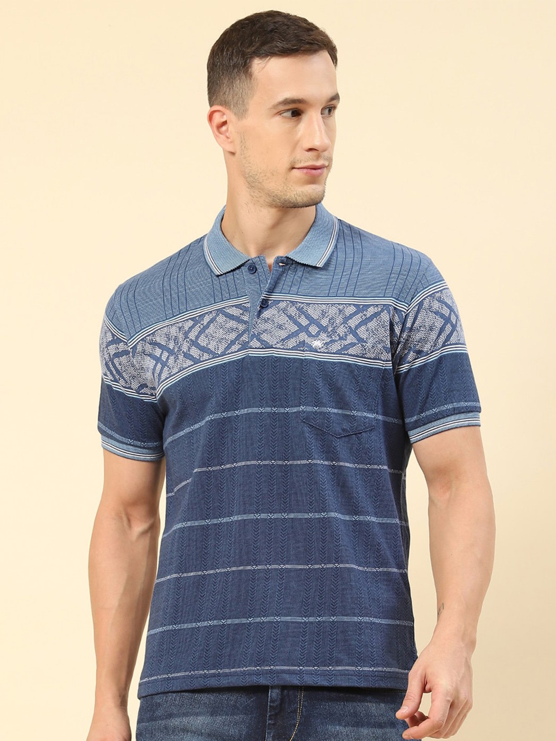 

Monte Carlo Striped Polo Collar T-shirt, Blue