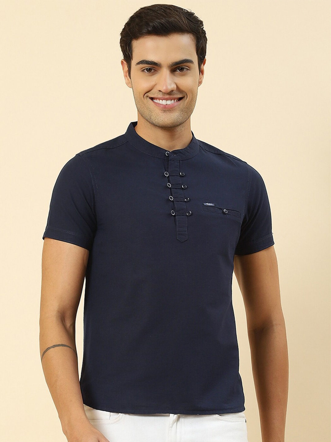 

Monte Carlo Henley Neck Knitted Cotton T-shirt, Navy blue