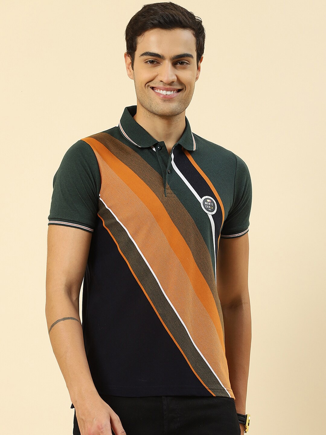 

Monte Carlo Striped Polo Collar T-shirt, Green