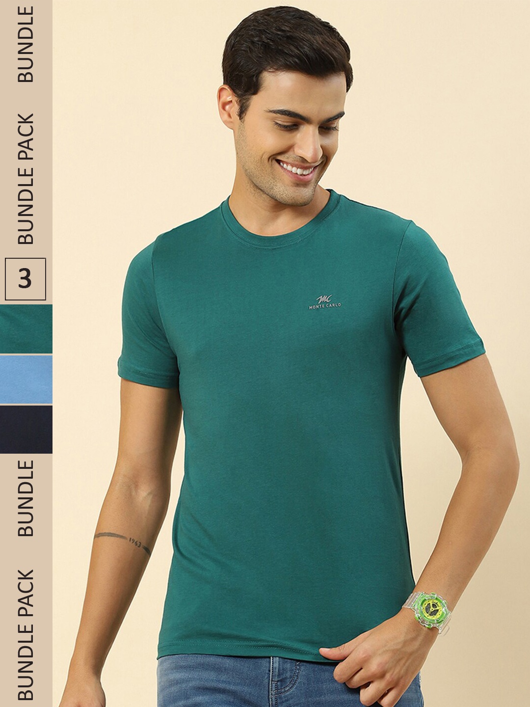 

Monte Carlo Pack Of 3 Round Neck Pure Cotton T-shirt, Green