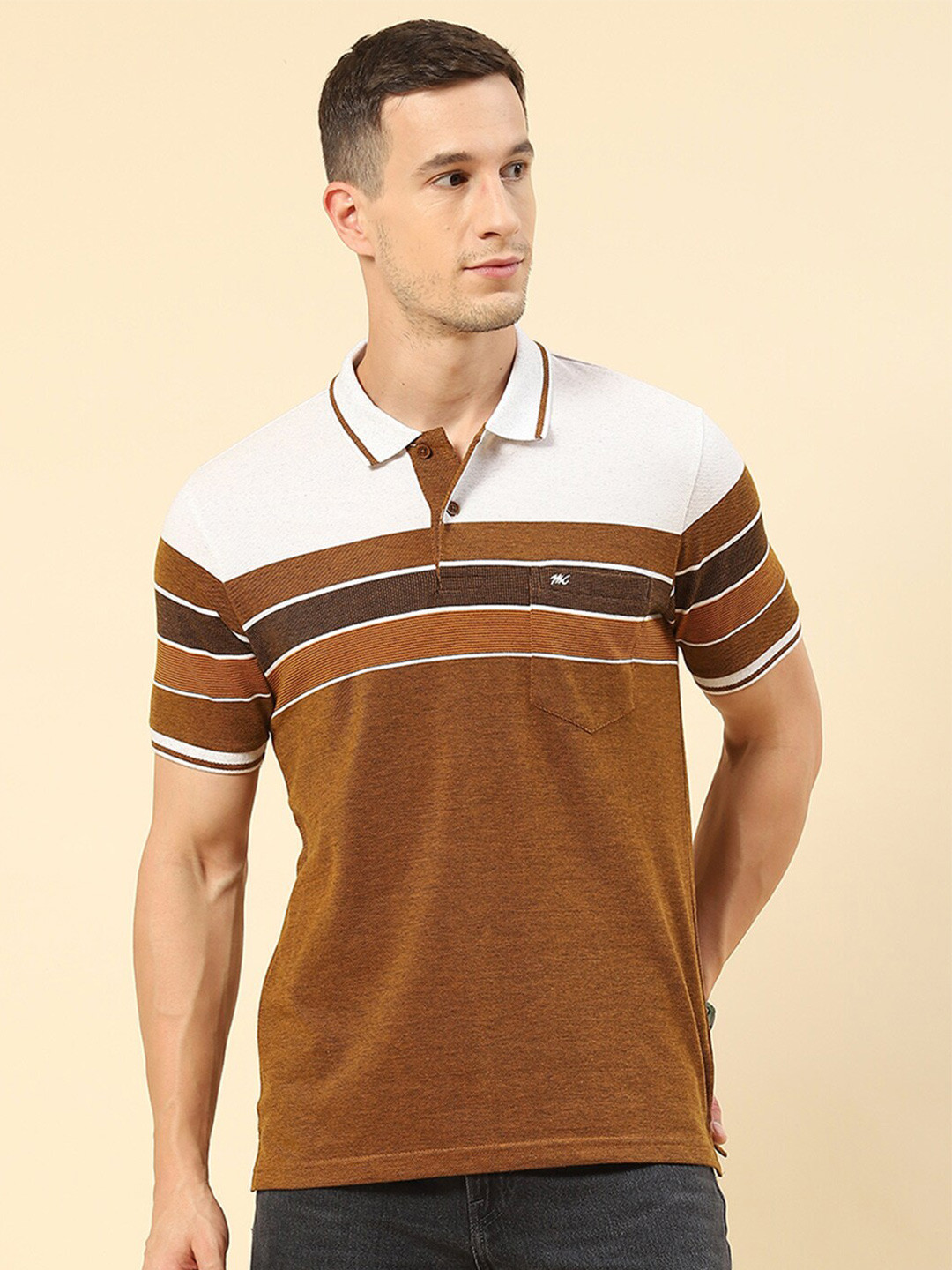 

Monte Carlo Polo Collar Striped Casual Knitted Cotton T-shirt, Brown