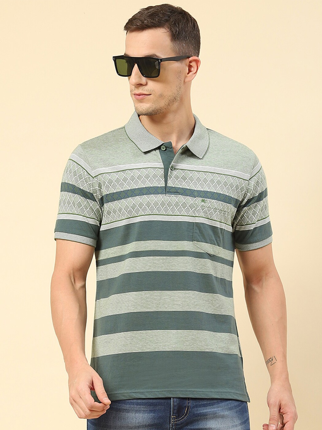 

Monte Carlo Striped Polo Collar Casual Knitted Cotton T-shirt, Green