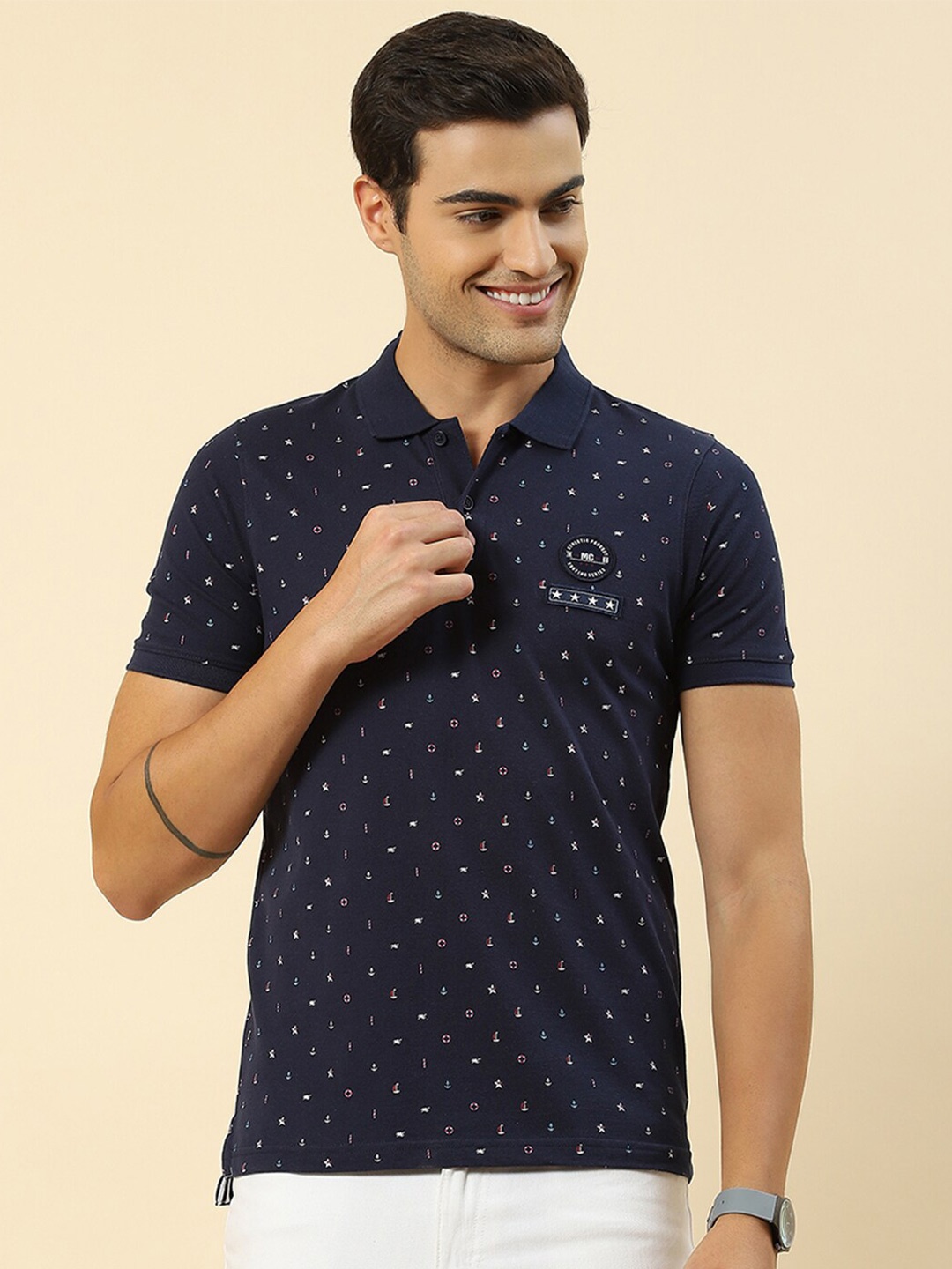 

Monte Carlo Conversational Printed Polo Collar Casual Knitted Cotton T-shirt, Blue
