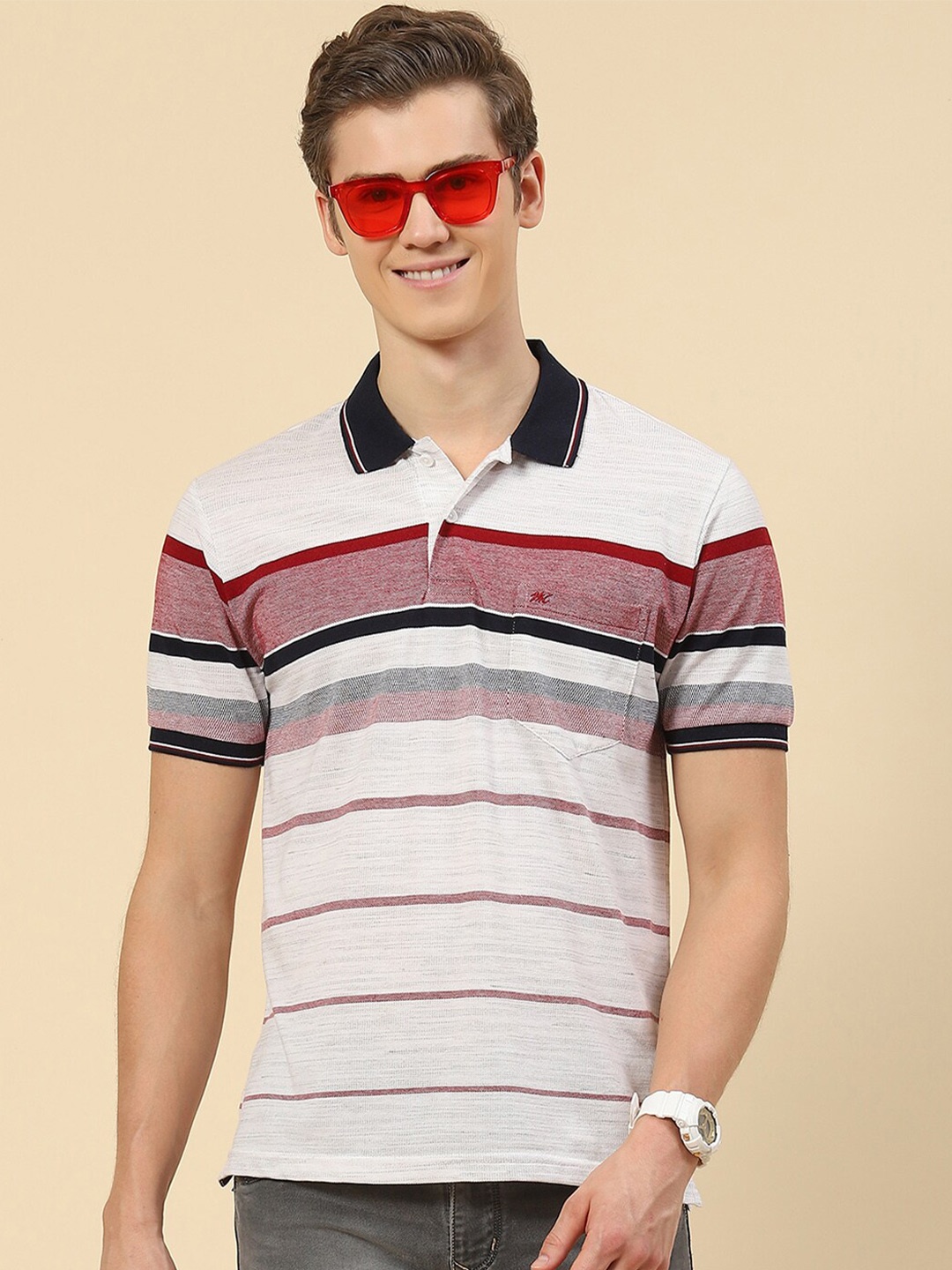 

Monte Carlo Striped Polo Collar T-shirt, Off white