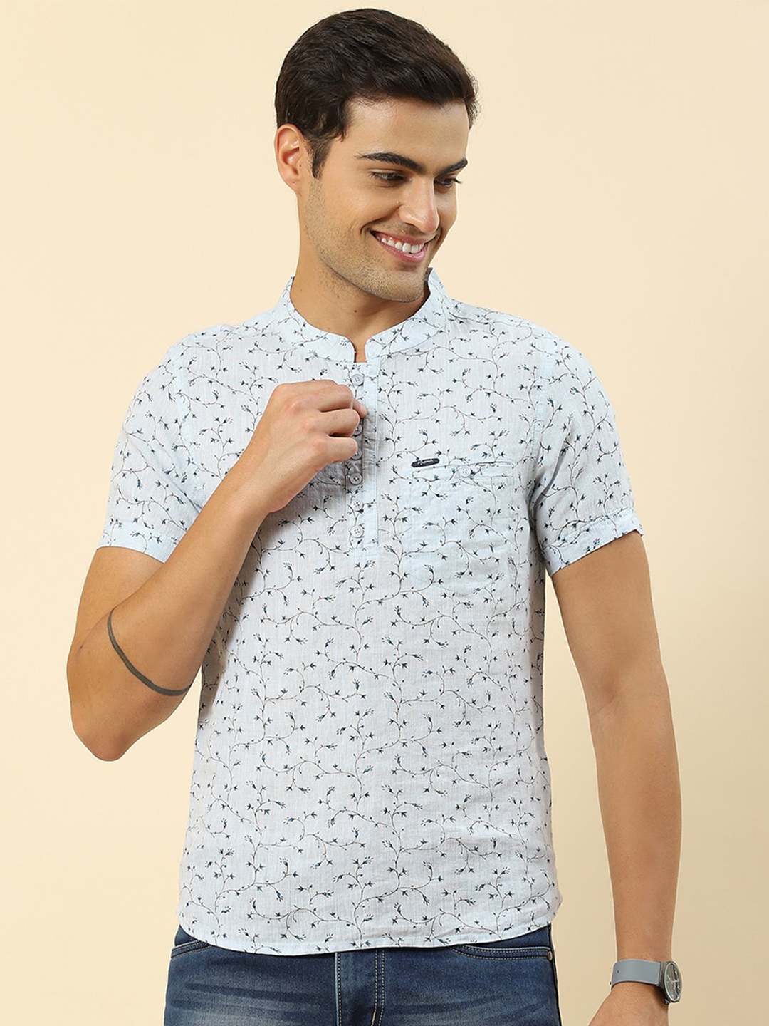 

Monte Carlo Floral Printed Mandarin Collar T-shirt, Blue