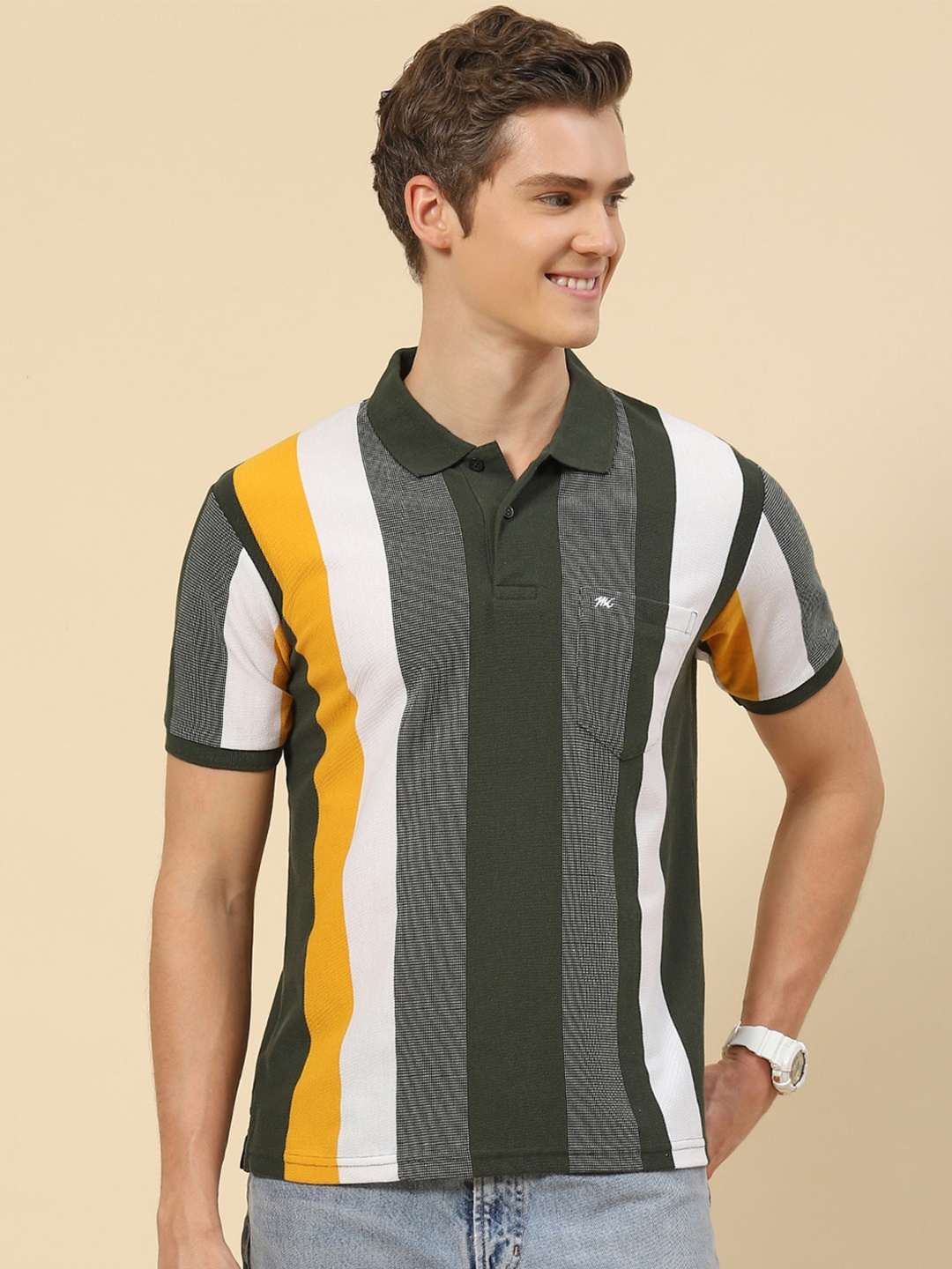 

Monte Carlo Striped Polo Collar Casual Knitted Cotton T-shirt, Olive