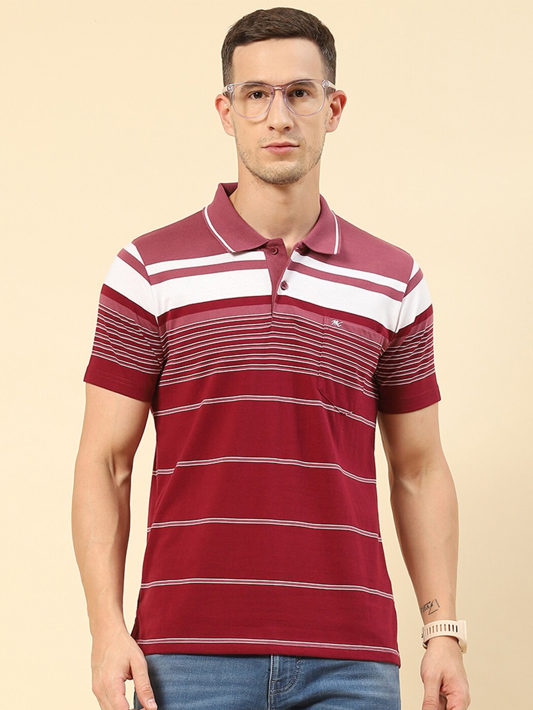 

Monte Carlo Striped Polo Collar T-shirt, Maroon