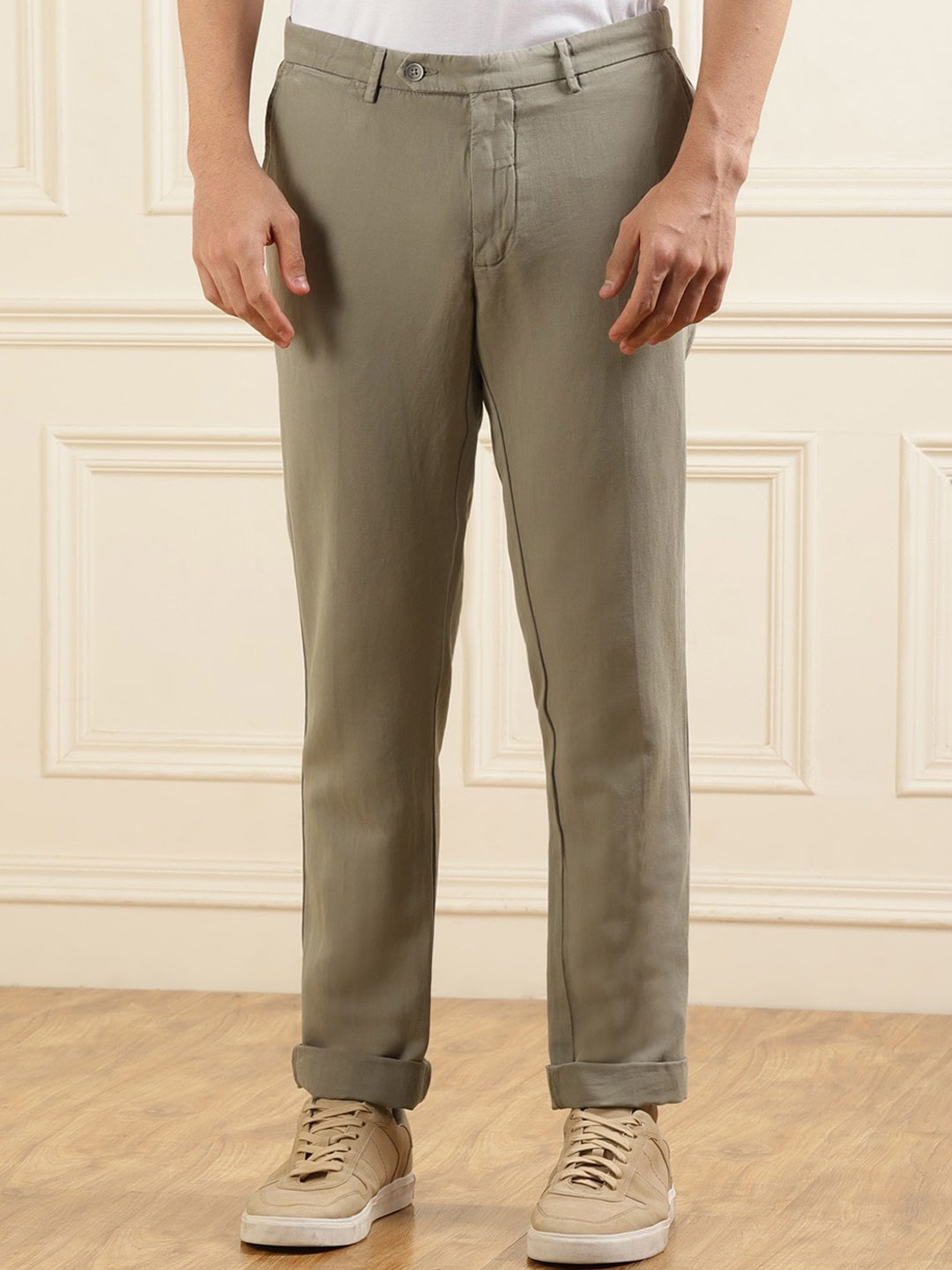 

HACKETT LONDON Men Regular Fit Mid-Rise Plain Cotton Linen Chino Trousers, Green