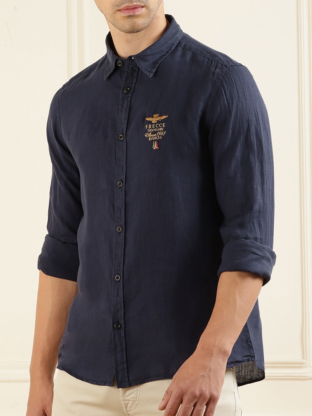 

Aeronautica Militare Long Sleeve Linen Casual Shirt, Navy blue