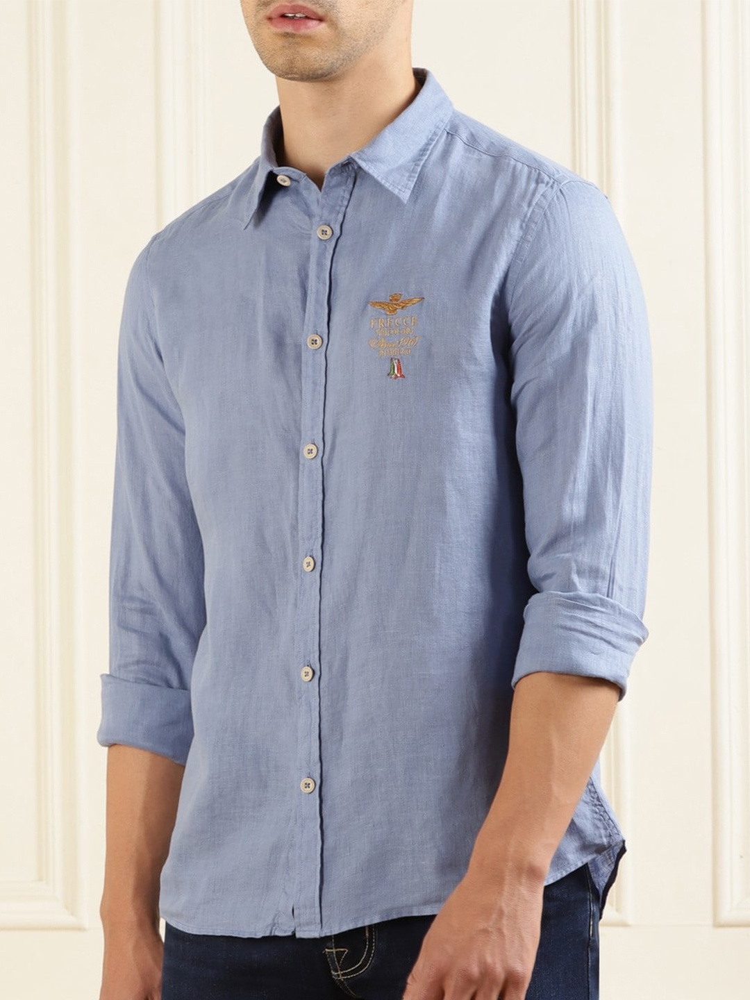 

Aeronautica Militare Long Sleeve Linen Casual Shirt, Blue