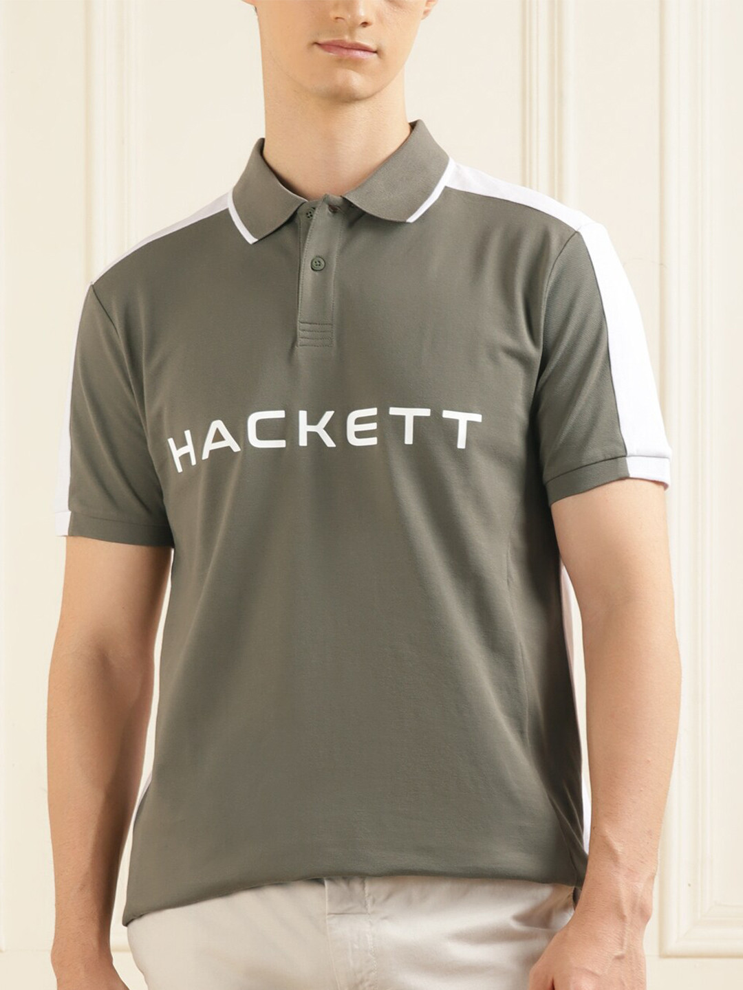 

HACKETT LONDON Typography Printed Polo Collar Cotton T-shirt, Olive