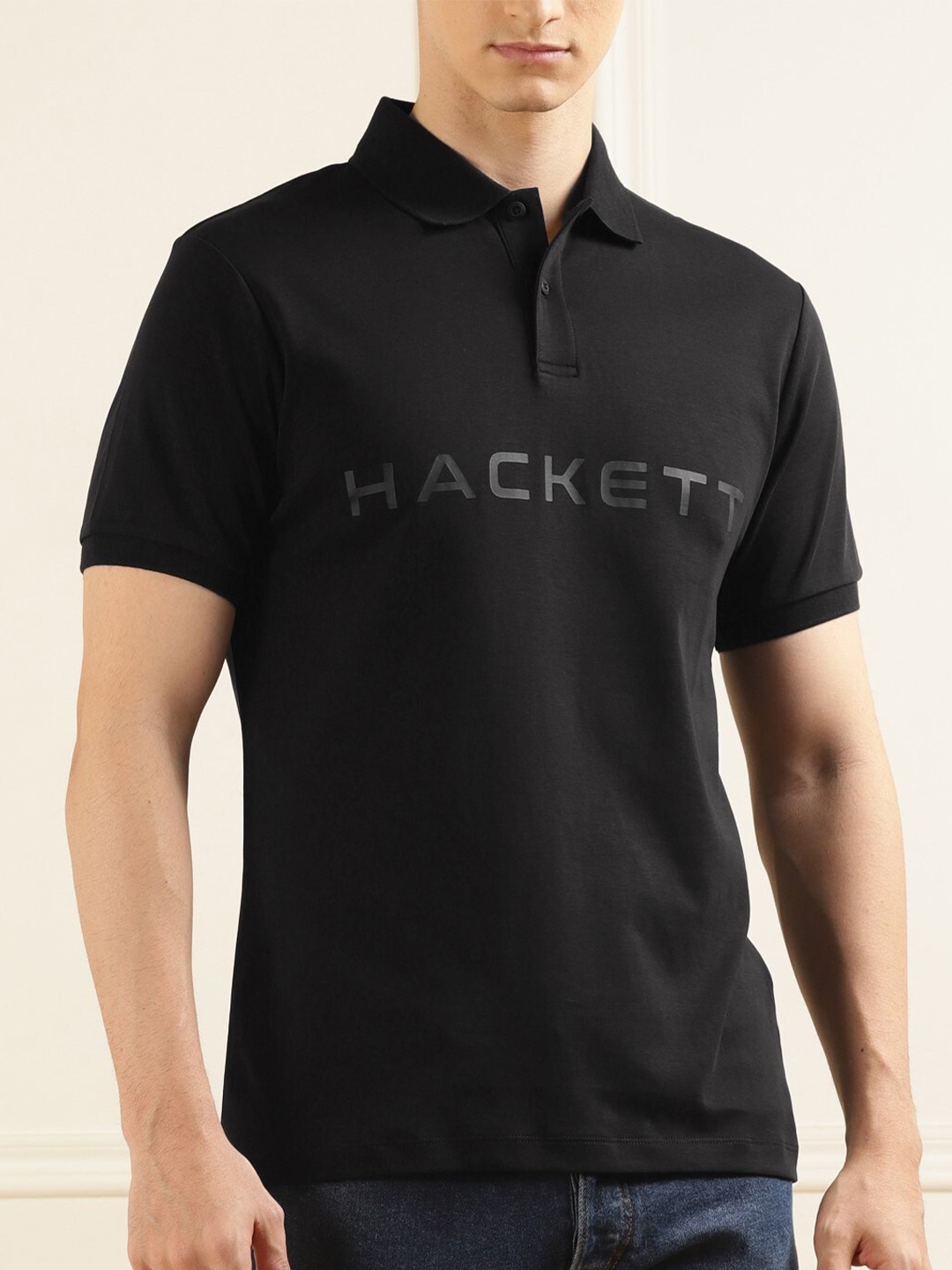 

HACKETT LONDON Typography Printed Polo Collar Cotton T-shirt, Black
