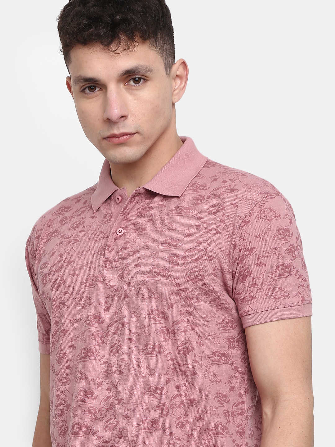 

V-Mart Floral Printed Polo Collar Cotton T-shirt, Pink