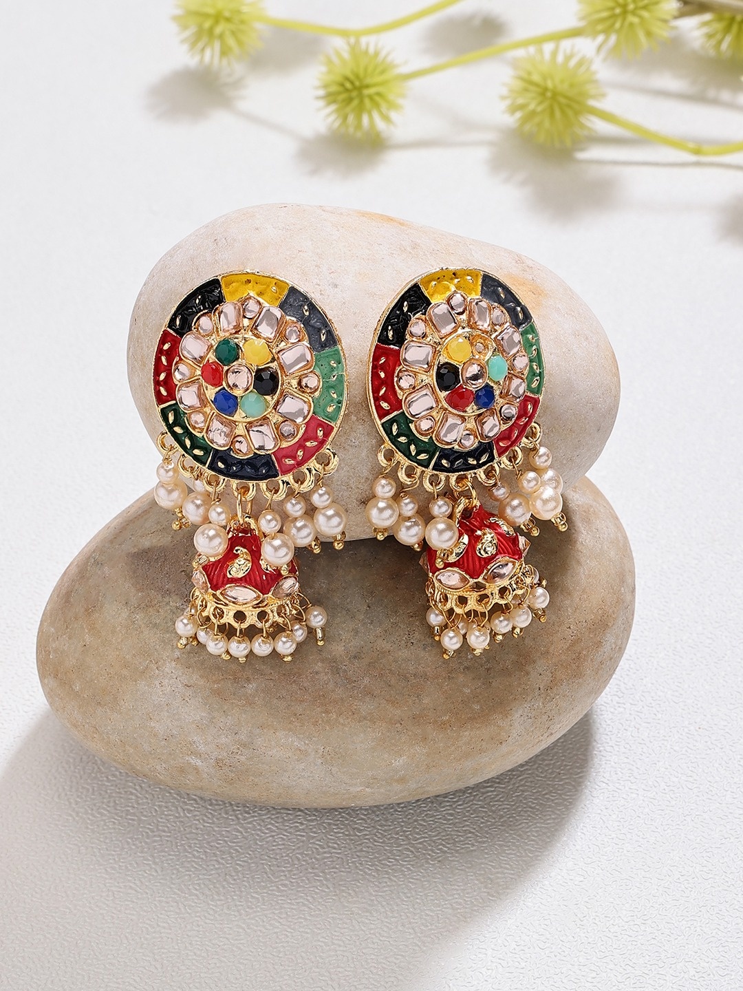 

Zaveri Pearls Gold-Plated Artificial Beads And Stones Studded Dome Shaped Jhumkas Earrings
