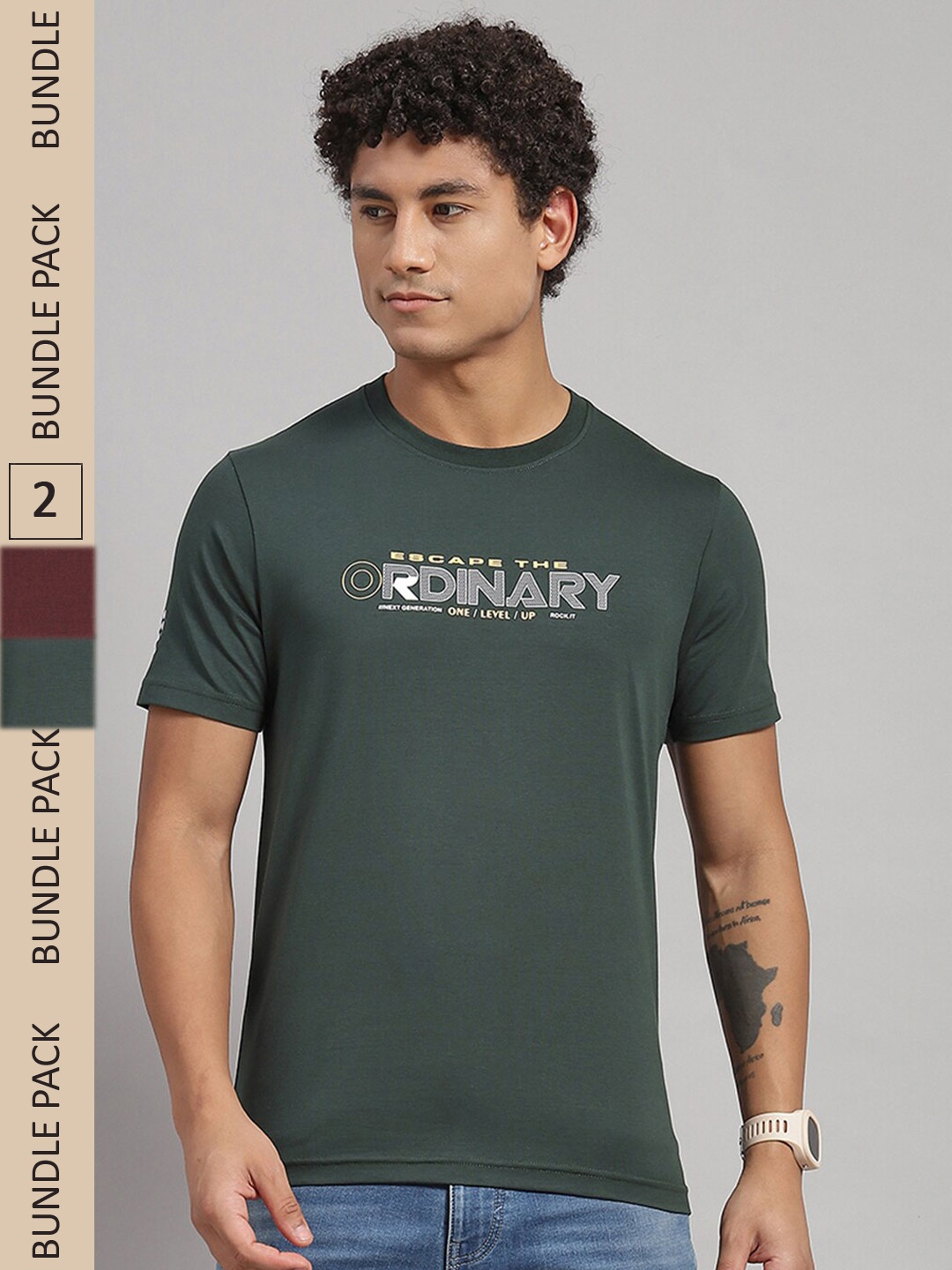 

rock.it Pack Of 2 Typography Printed Slim Fit T-shirt, Green
