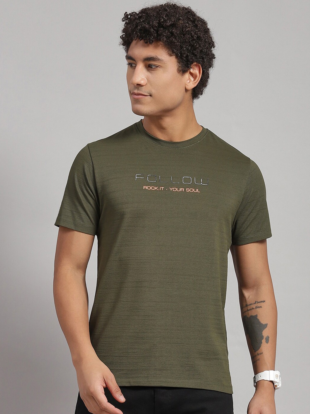 rock.it Typography Printed Cotton T-shirt, Olive