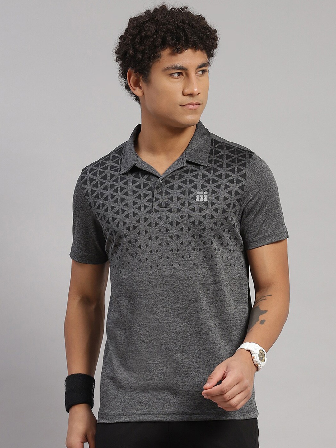 

rock.it Geometric Printed Polo Collar T-shirt, Grey