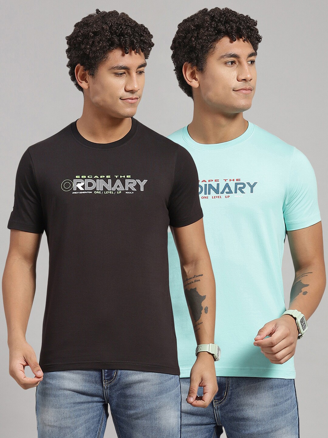 

rock.it Pack Of 2 Typography Printed Slim Fit Cotton T-shirt, Sea green